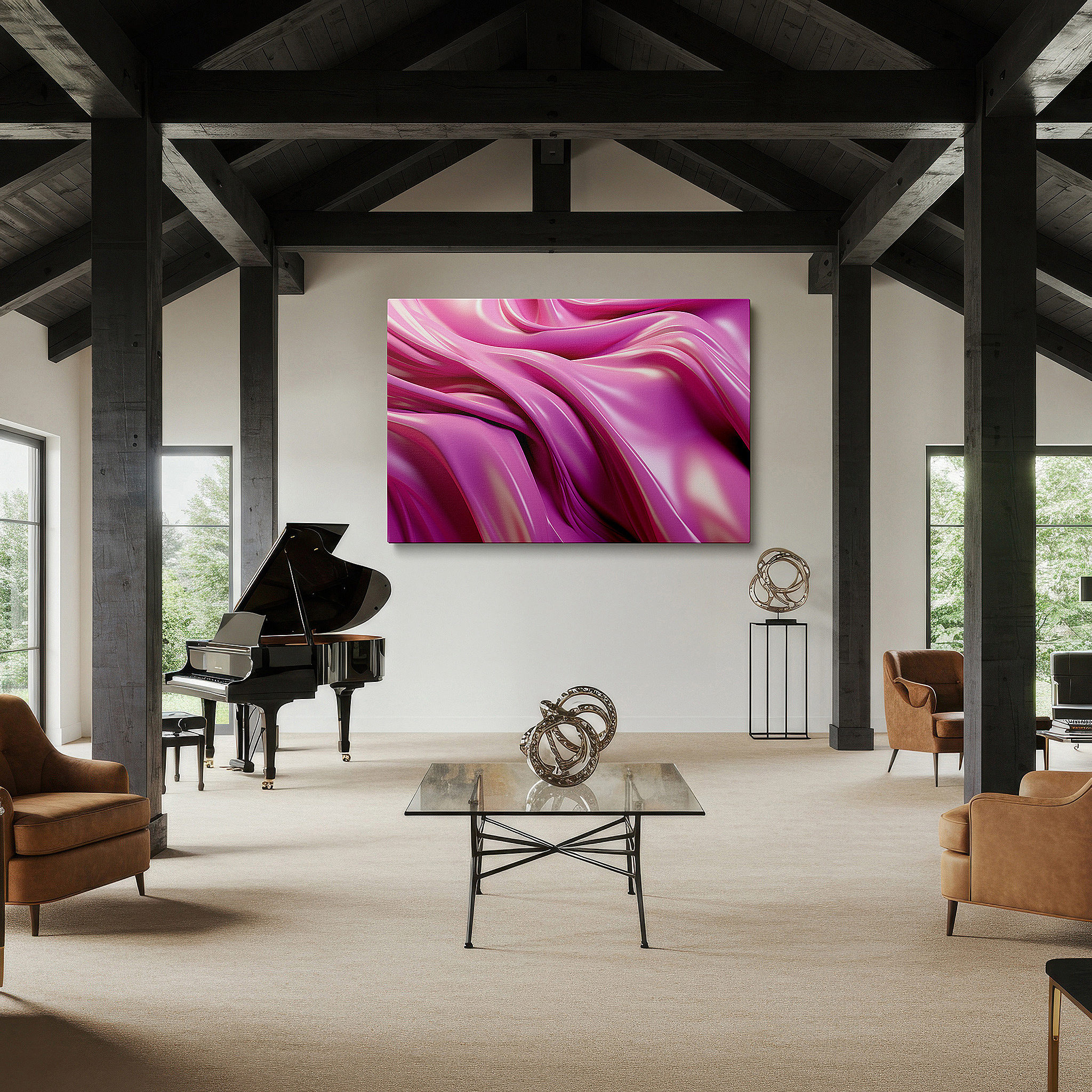Displayed above a contemporary leather sofa in warm light — elegant pink satin in luxurious flow: a masterpiece of textile art, perfect for large wall decor, canvas art, and office walls