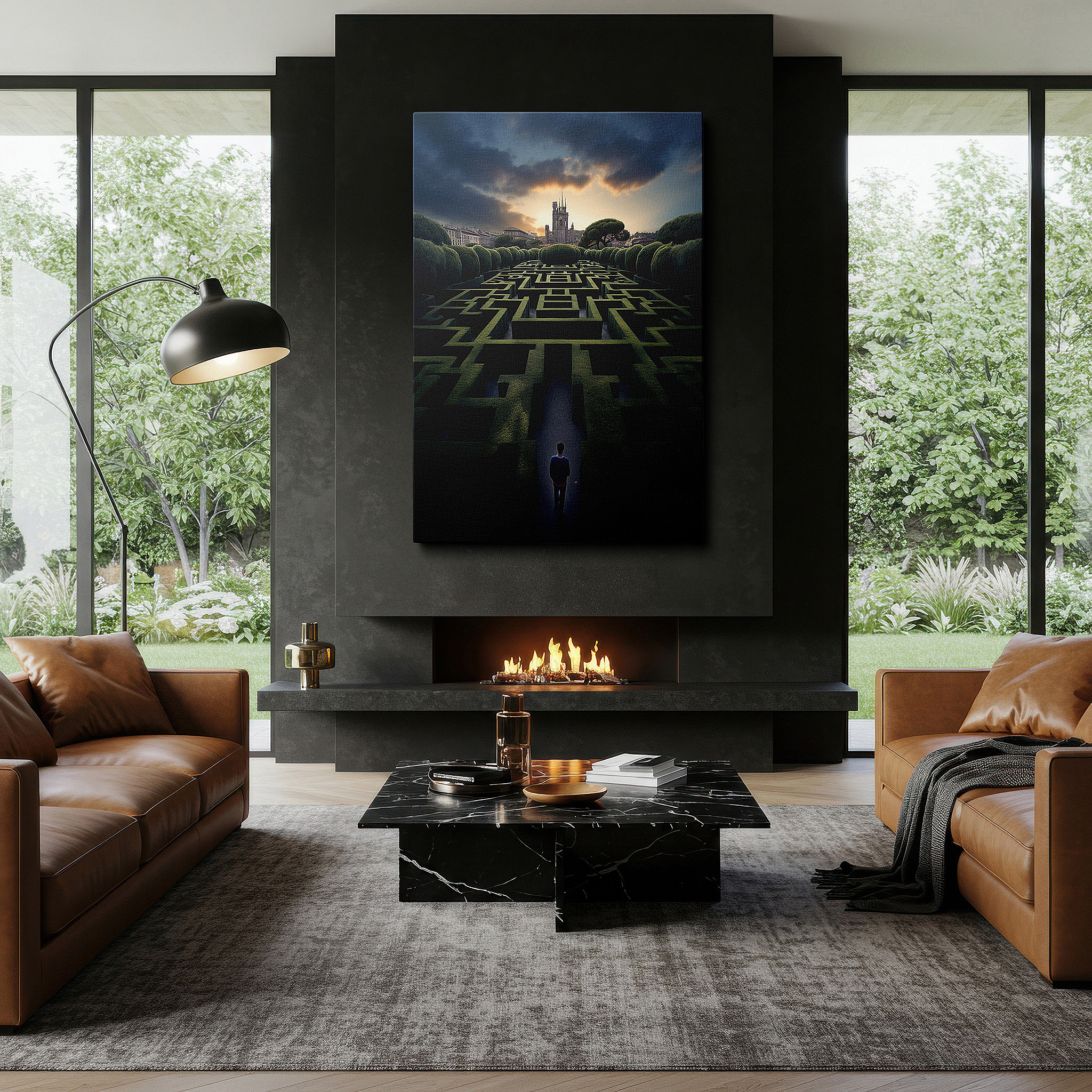 Displayed above a contemporary leather sofa in warm light — enchanted hedge maze and majestic castle spire at sunset wall art - large canvas for office, bedroom, and living room decor
