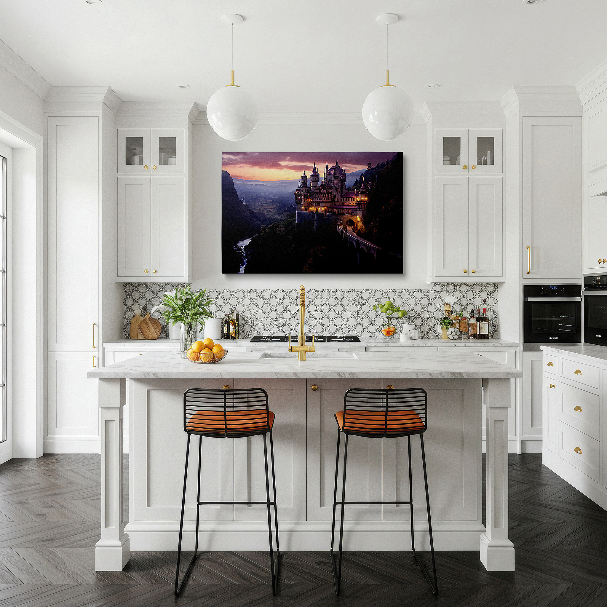 Displayed above a contemporary leather sofa in warm light — enchanting castle on a cliff with sunset valley view - large wall art, canvas print, office decor