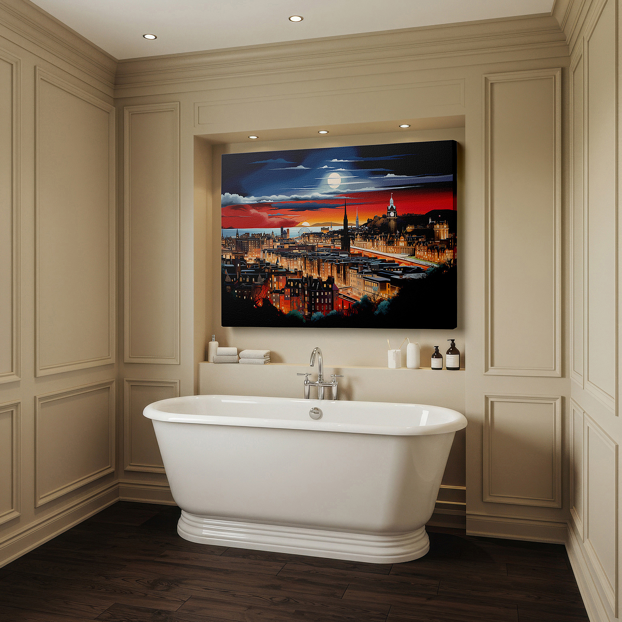 Displayed above a contemporary leather sofa in warm light — enchanting sunset above edinburgh's historic skyline wall art, large canvas print, home and office decor, suitable for living rooms, bedrooms, and offices
