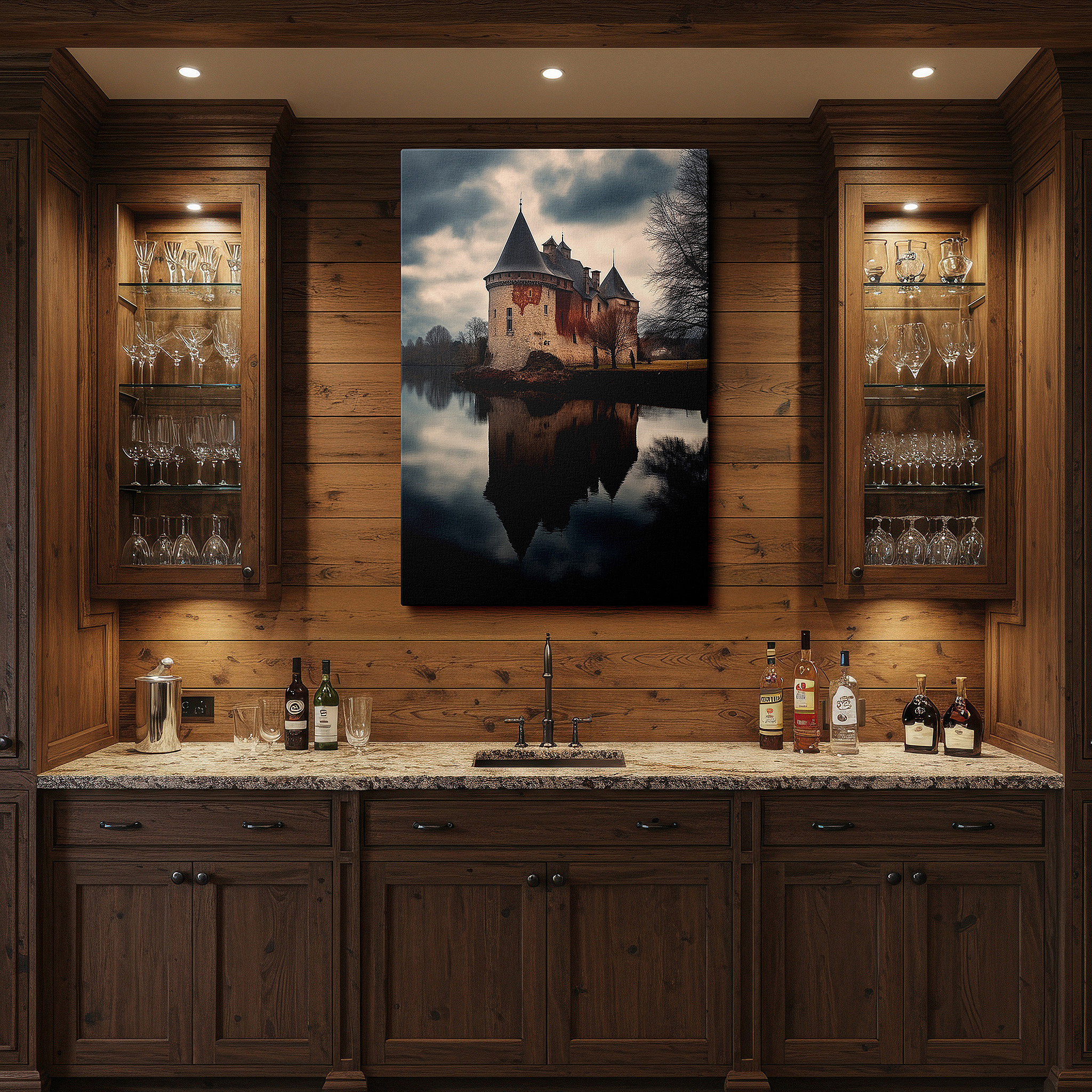 Displayed above a contemporary leather sofa in warm light — enigmatic castle by the lake wall art: large canvas for office, bedroom, and living room decor, mysterious and solitary