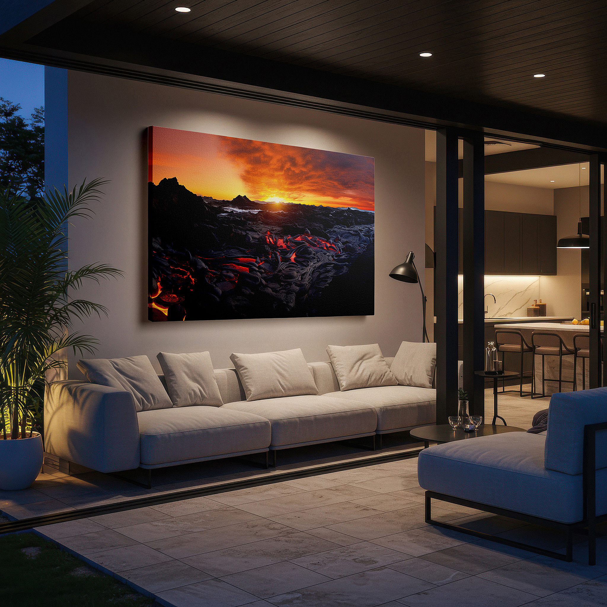 Displayed above a contemporary leather sofa in warm light — fiery lava clashes with tranquil ocean at sunset - a striking display of nature's contrasts, large canvas wall art for home and office decor