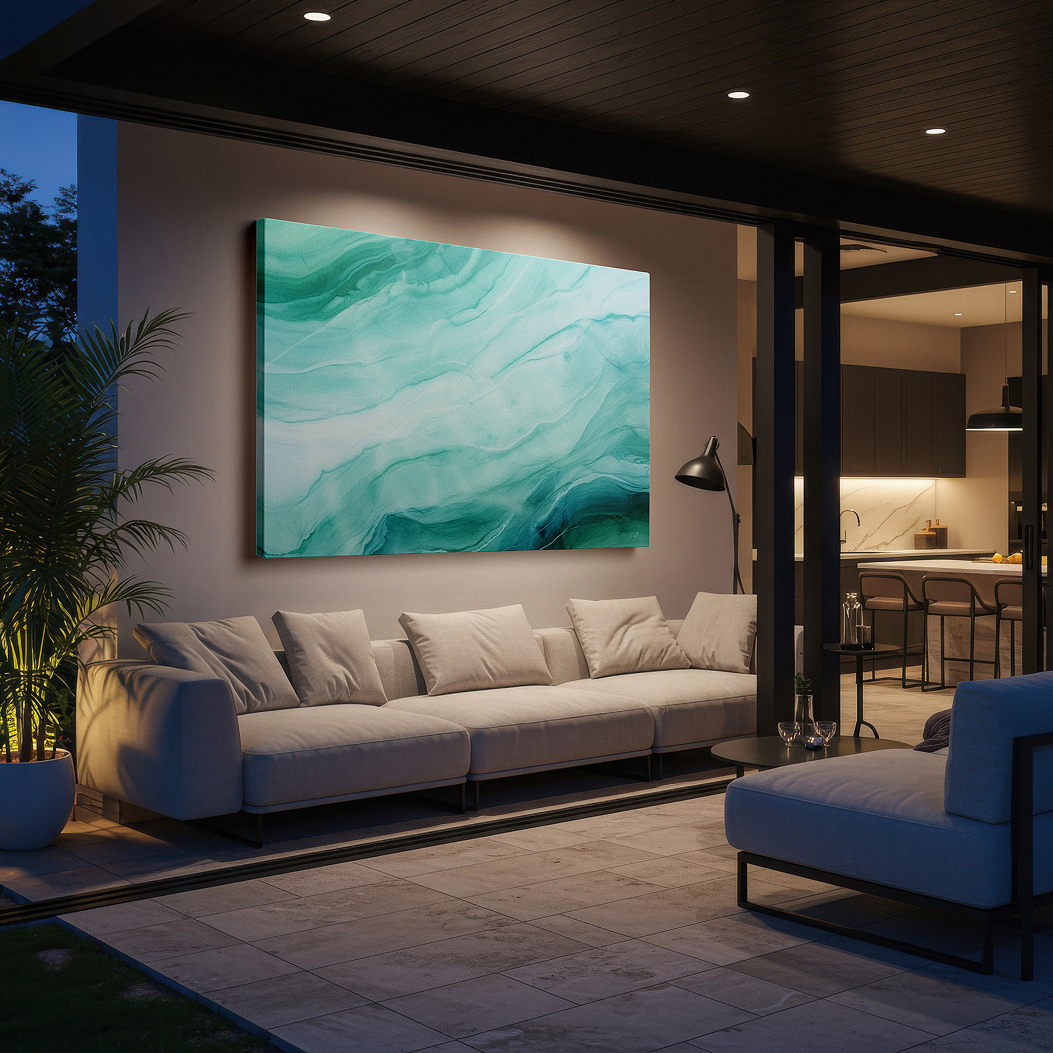 Displayed above a contemporary leather sofa in warm light — fluid forms and bright hues: a ballet of greens and blues - large wall art, canvas wall art, wall decor for office and bedroom