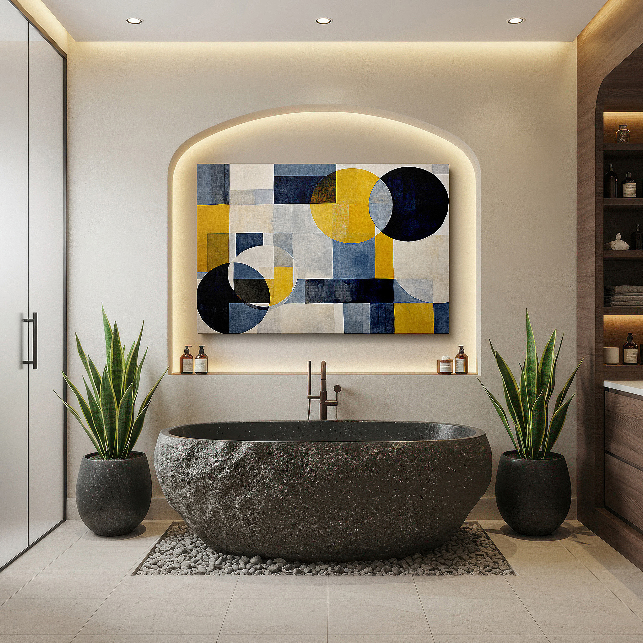 Displayed above a contemporary leather sofa in warm light — geometric symphony in blues and yellows: large canvas wall art for office decor, balancing structure with spontaneity