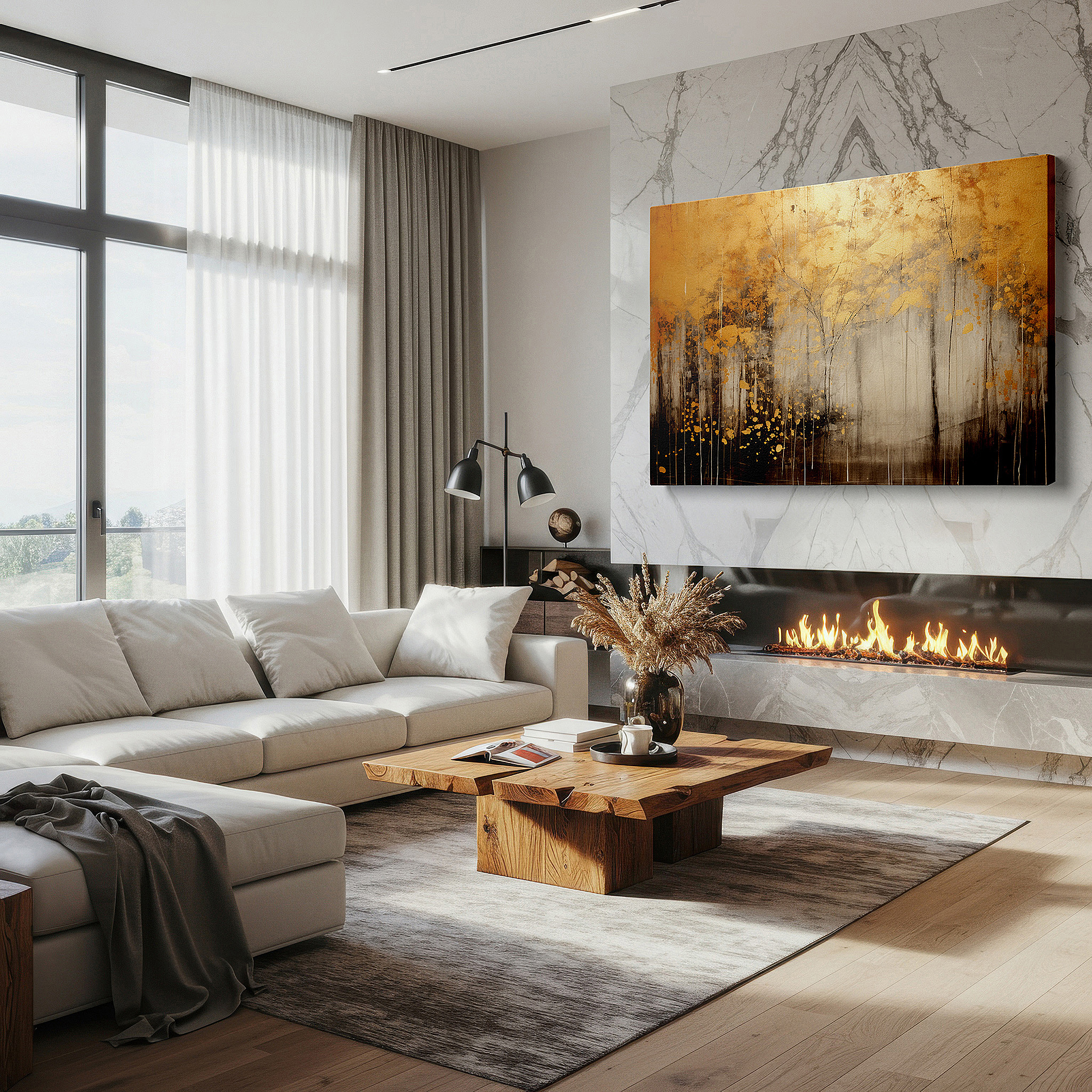 Displayed above a contemporary leather sofa in warm light — gold and black autumn essence: reflective abstract landscape, large canvas wall art for office and bedroom decor