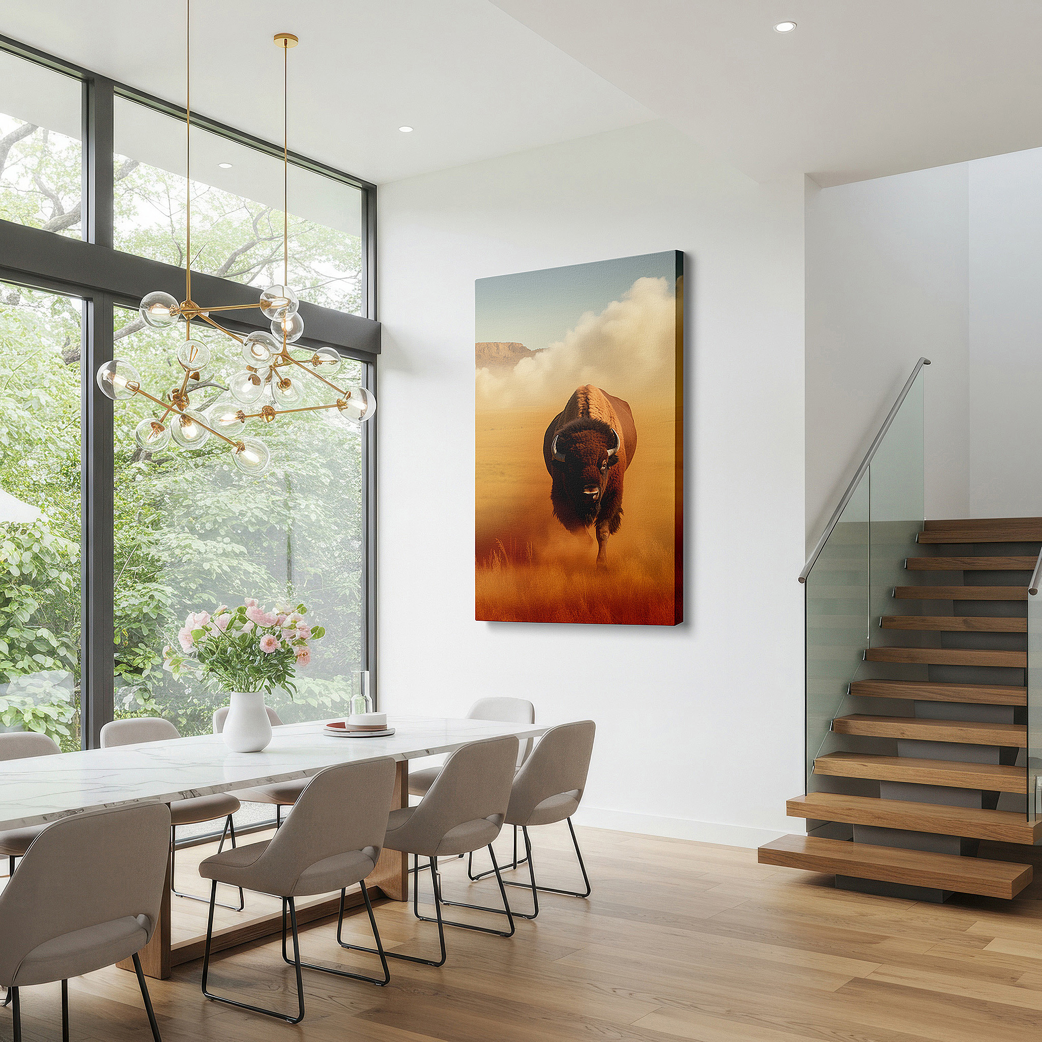 Displayed above a contemporary leather sofa in warm light — golden dust majestic bison, emblem of strength and freedom in the wild west, large canvas wall art for office decor