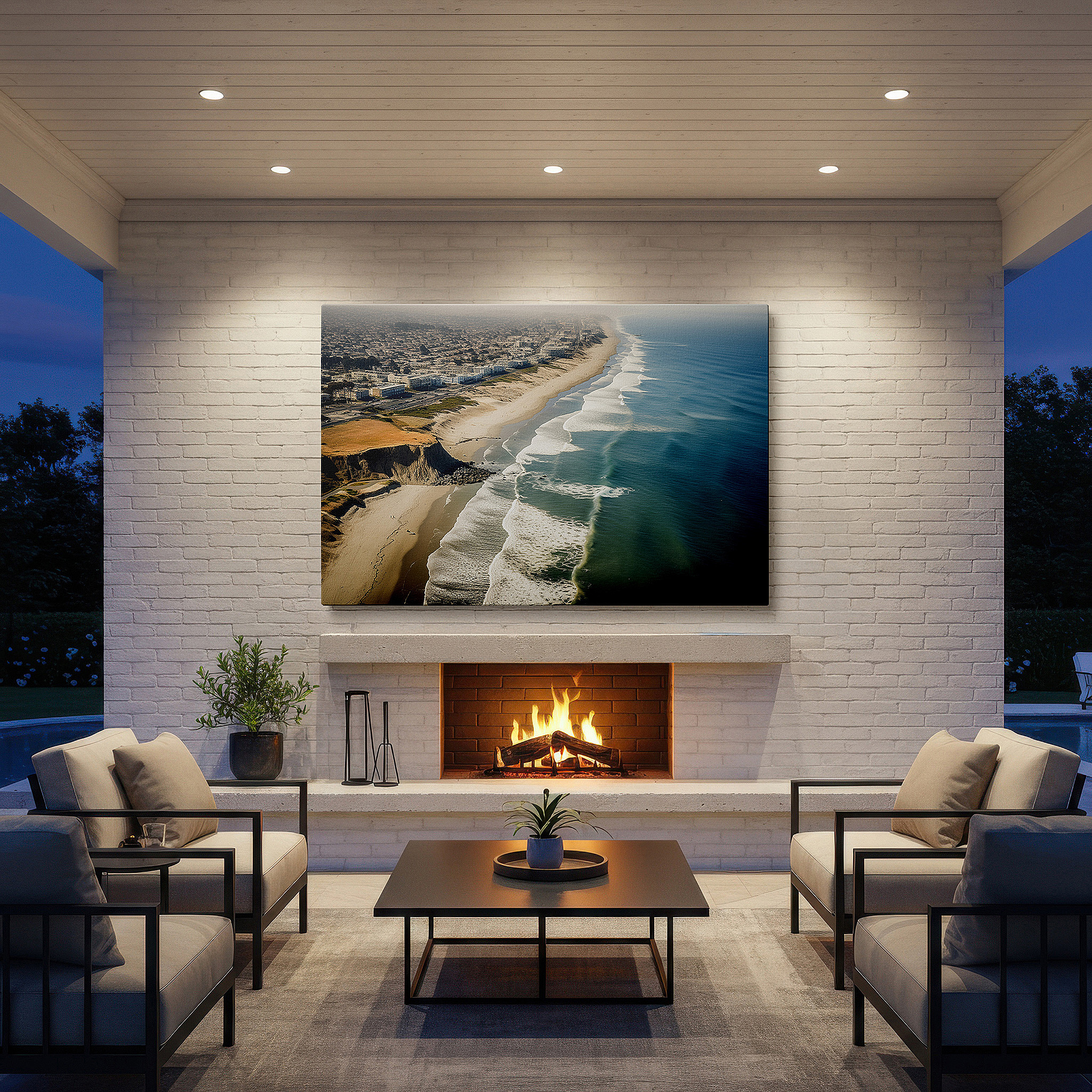 Displayed above a contemporary leather sofa in warm light — golden sands and azure waves beneath majestic cliffs: a serene and adventurous coastal landscape - large canvas wall art for home and office decor