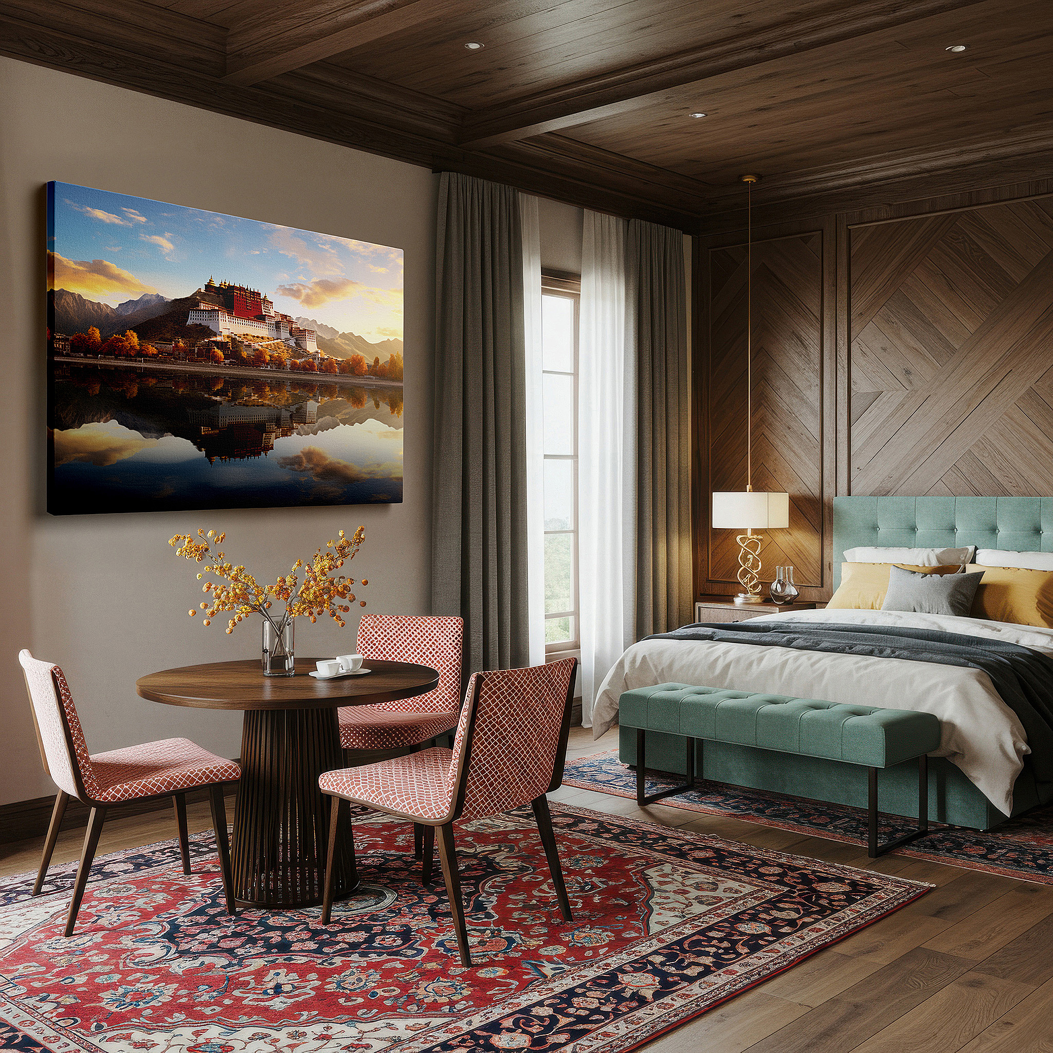 Displayed above a contemporary leather sofa in warm light — golden sunset at potala palace - serene reflection of tibetan architectural grandeur, large canvas wall art for home and office decor