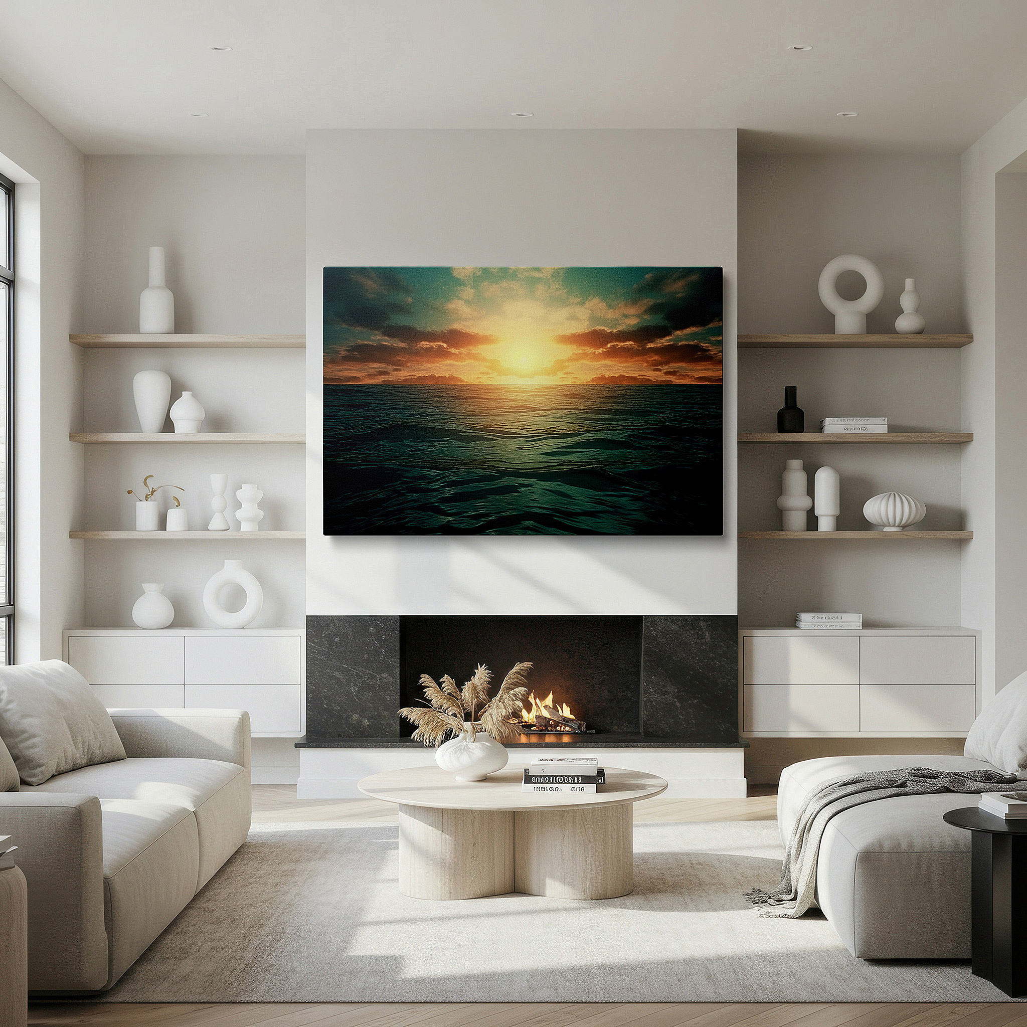 Displayed above a contemporary leather sofa in warm light — golden sunset and tranquil turquoise ocean large canvas wall art for office and bedroom decor
