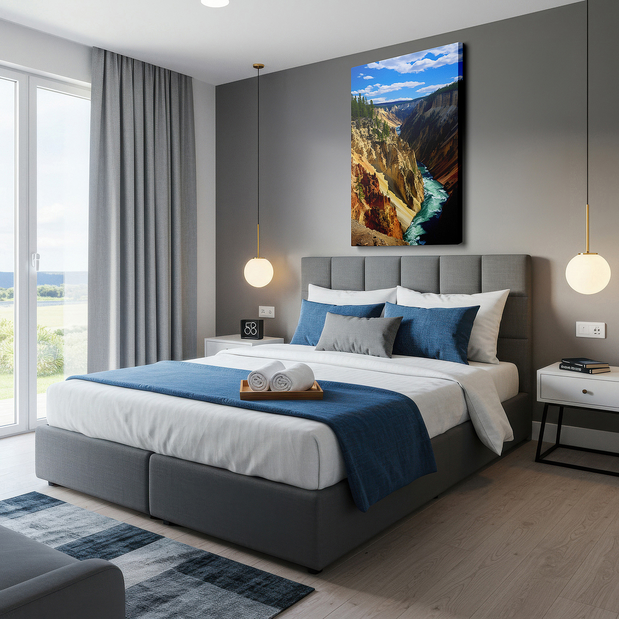 Displayed above a contemporary leather sofa in warm light — grand canyon majesty: vibrant rock formations and tranquil waters - large canvas wall art for office and bedroom decor