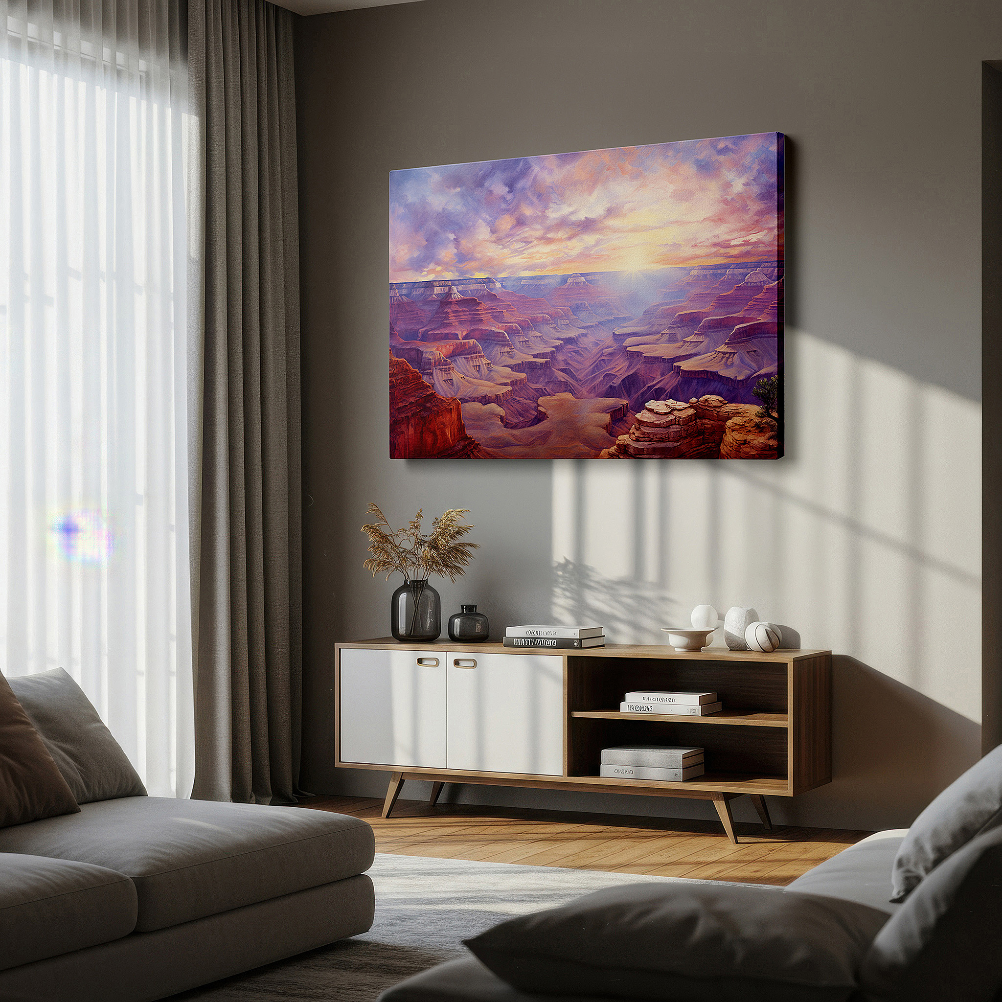 Displayed above a contemporary leather sofa in warm light — grand canyon sunrise wall art: experience the fiery glow and rugged majesty of nature - large canvas for home or office decor