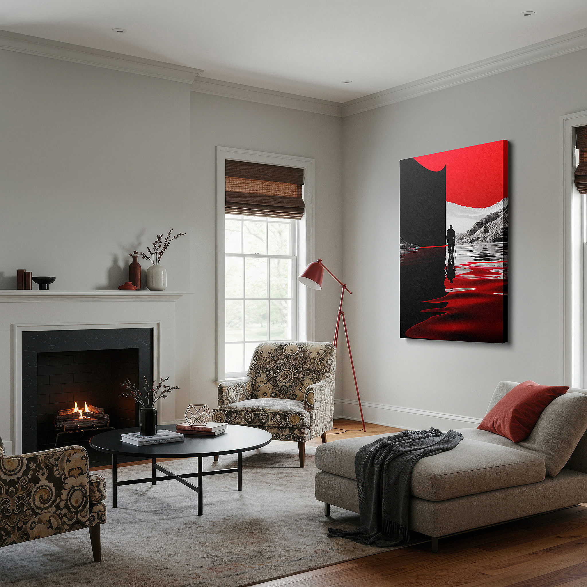 Displayed above a contemporary leather sofa in warm light — at the intersection of passion and mystery, a lone figure contemplates life's decisions - large wall art, canvas wall art, wall decor for office