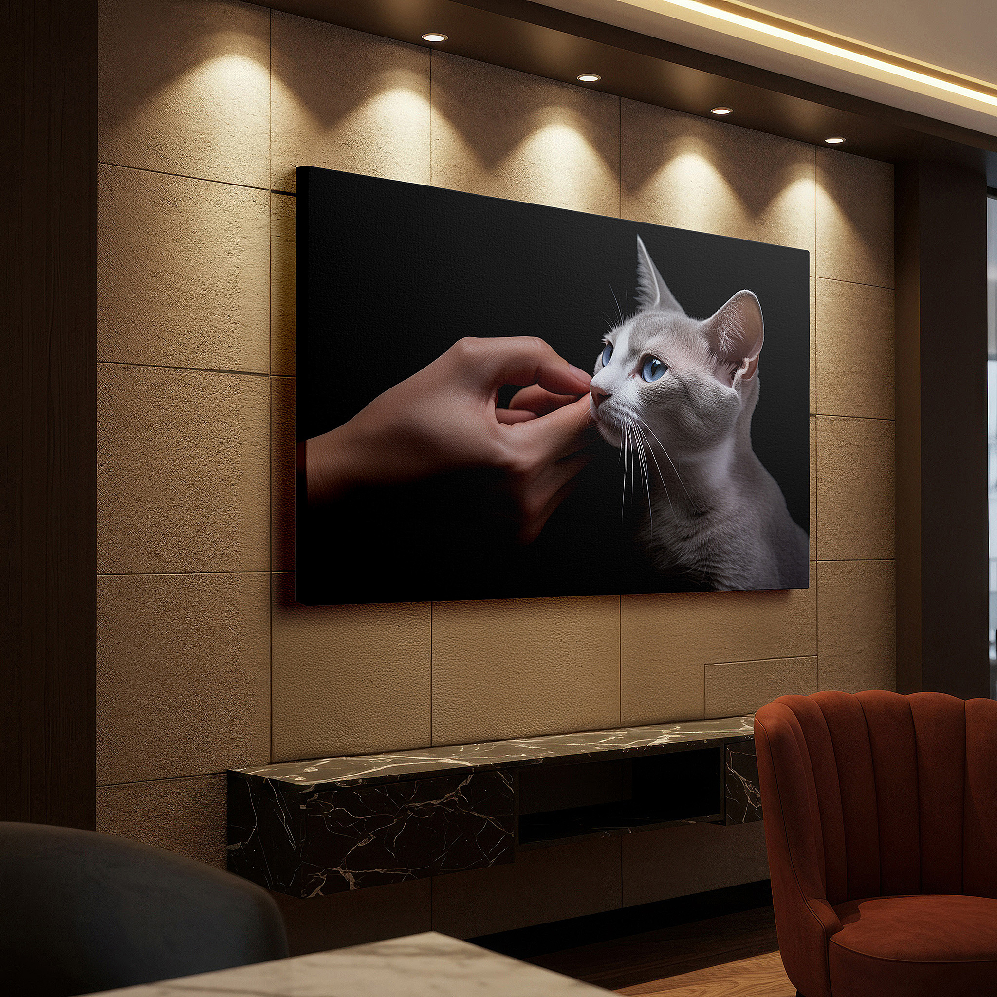 Displayed above a contemporary leather sofa in warm light — intimate moment of friendship between cat and owner illustrated in large wall art, canvas wall art, wall art decor, office wall art, bedroom wall art