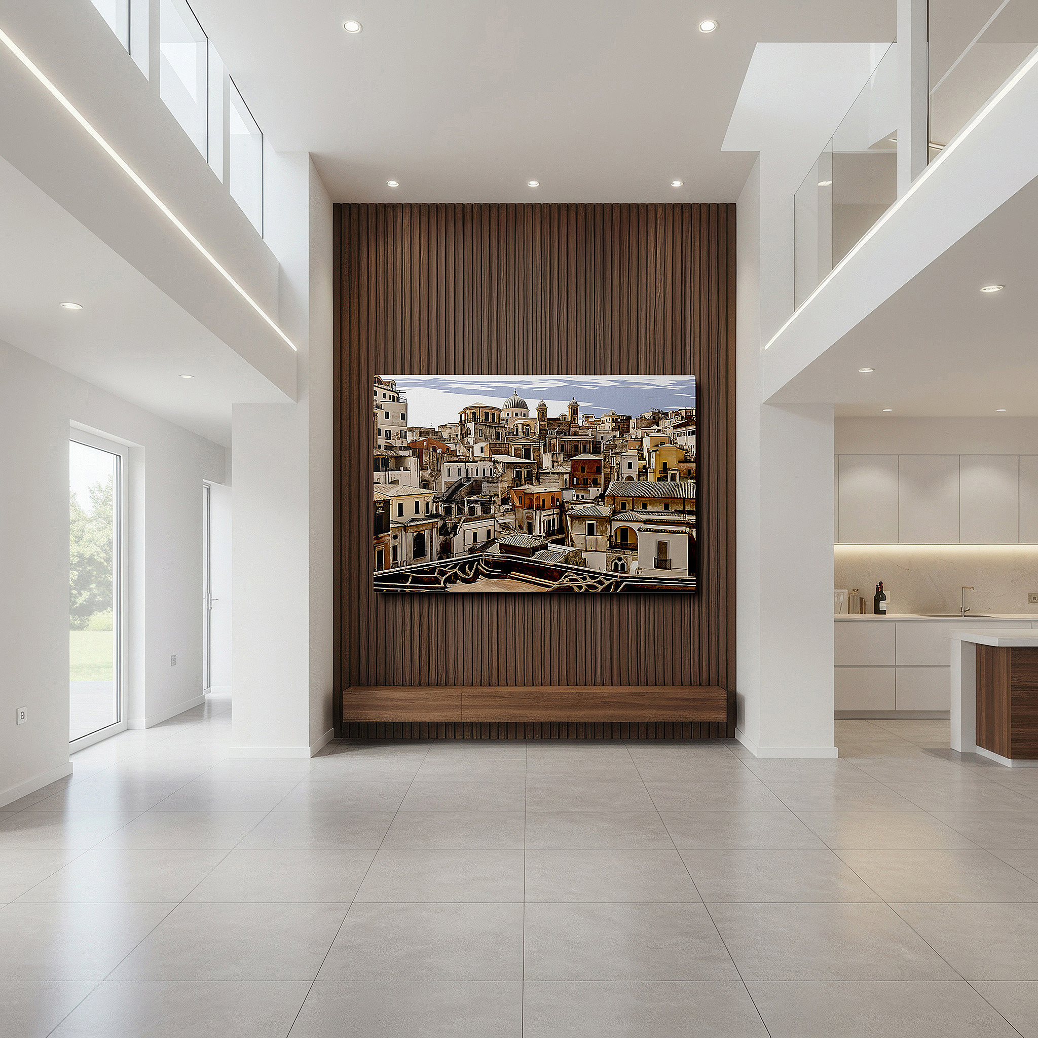 Displayed above a contemporary leather sofa in warm light — italian cityscape wall art: blending historic elegance with modern innovation for office, bedroom, and living room decor