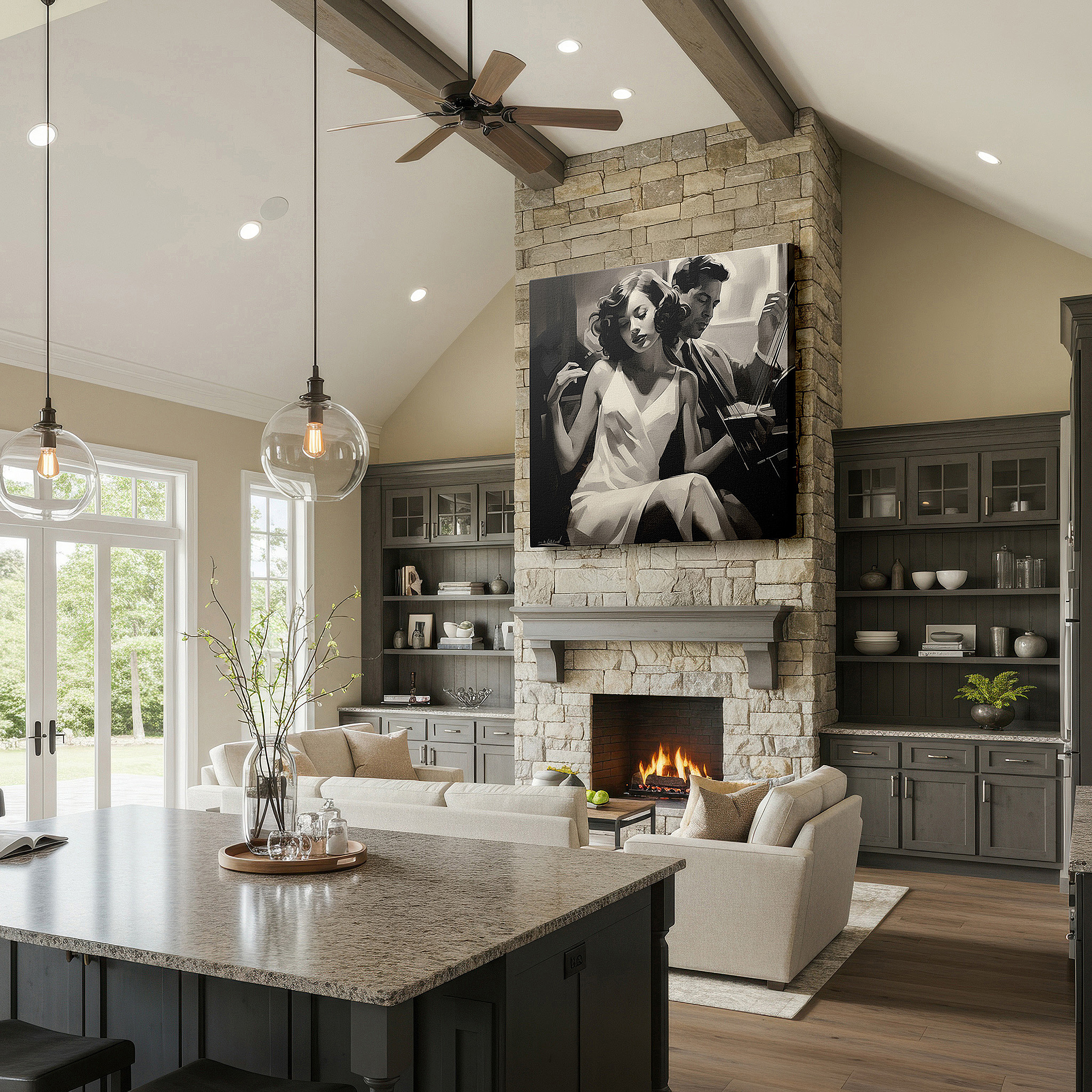 Displayed above a contemporary leather sofa in warm light — jazz club-themed timeless musical romance large wall art for office, bedroom, and living room decor