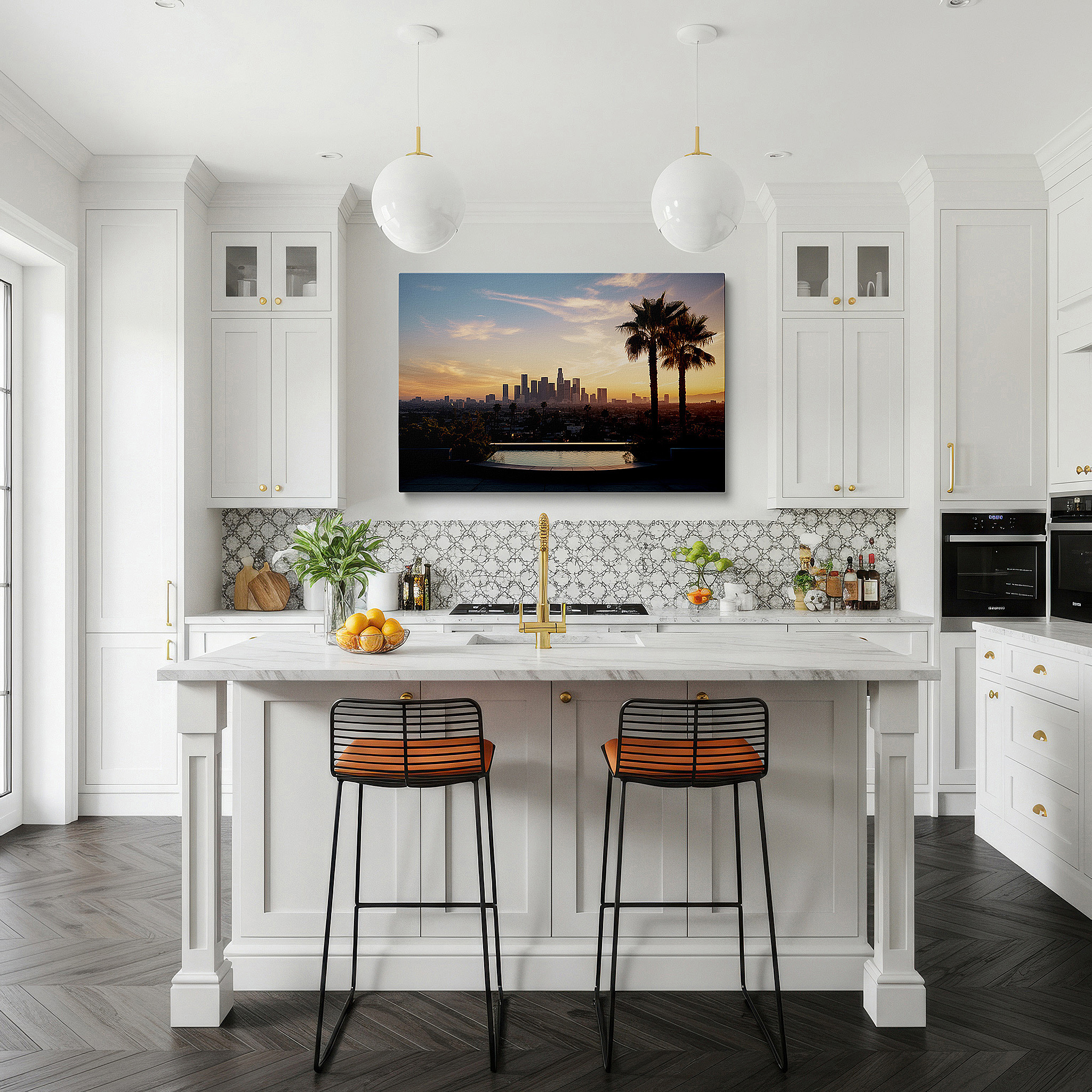 Displayed above a contemporary leather sofa in warm light — los angeles skyline at sunset wall art - urban elegance meets natural serenity, large canvas decor for office and bedroom