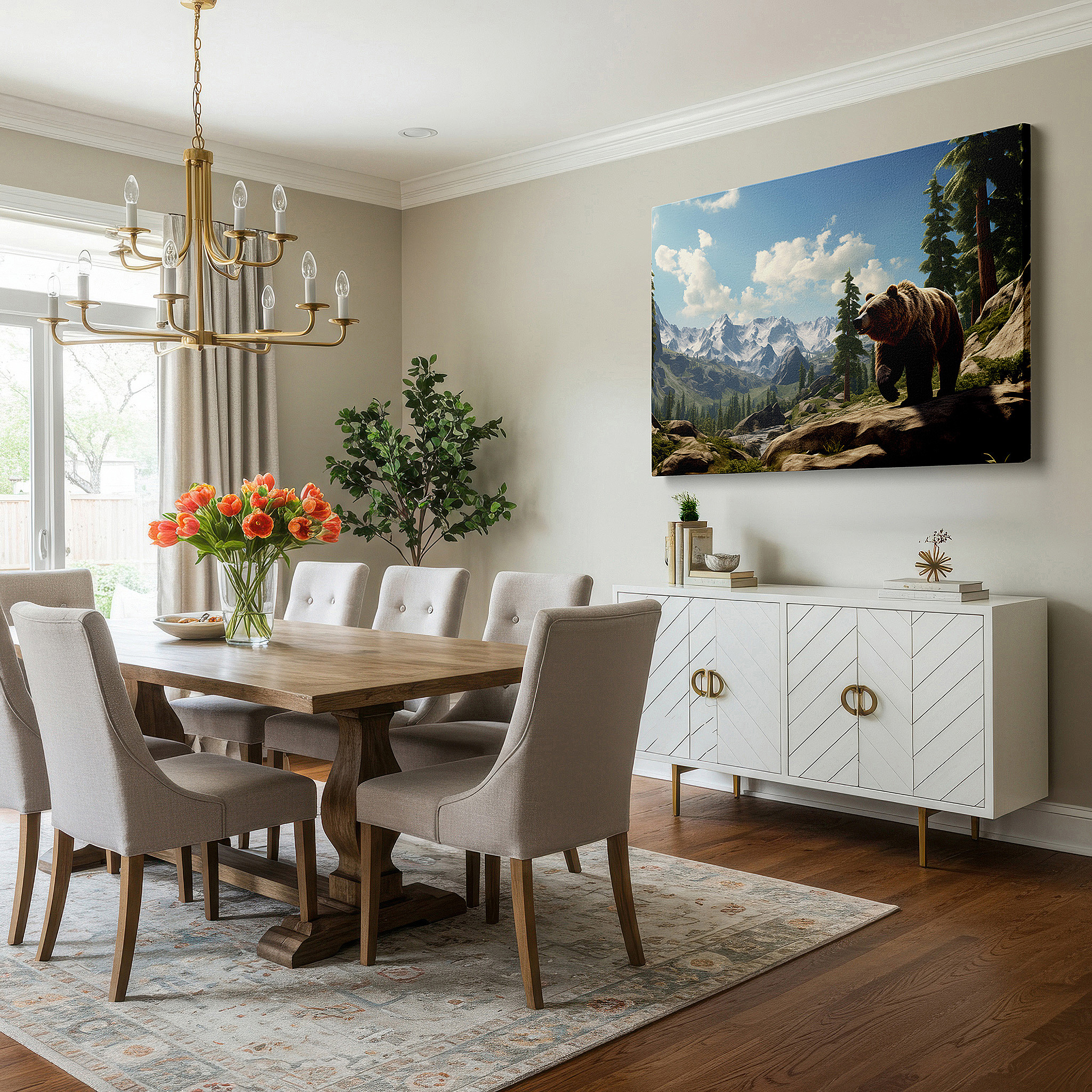 Displayed above a contemporary leather sofa in warm light — majestic bear amidst scenic mountain vistas - celebrating wild natural beauty, large canvas wall art decor