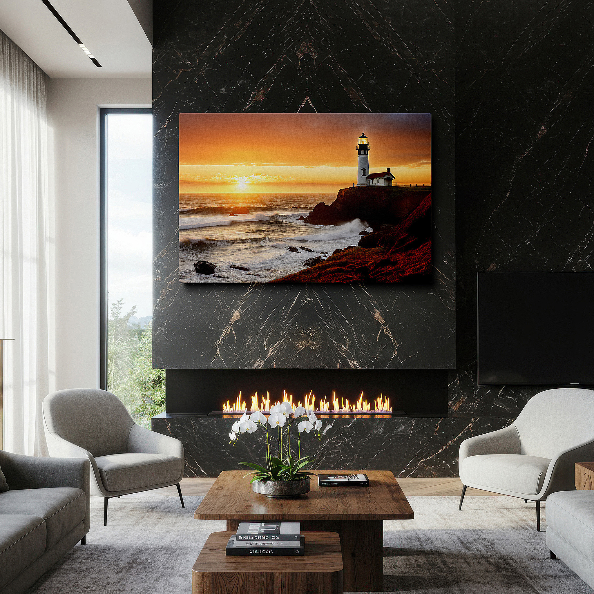 Displayed above a contemporary leather sofa in warm light — majestic lighthouse: a beacon of hope amidst nature's fury - stormy seas large wall art, canvas wall art, wall decor for office and bedroom