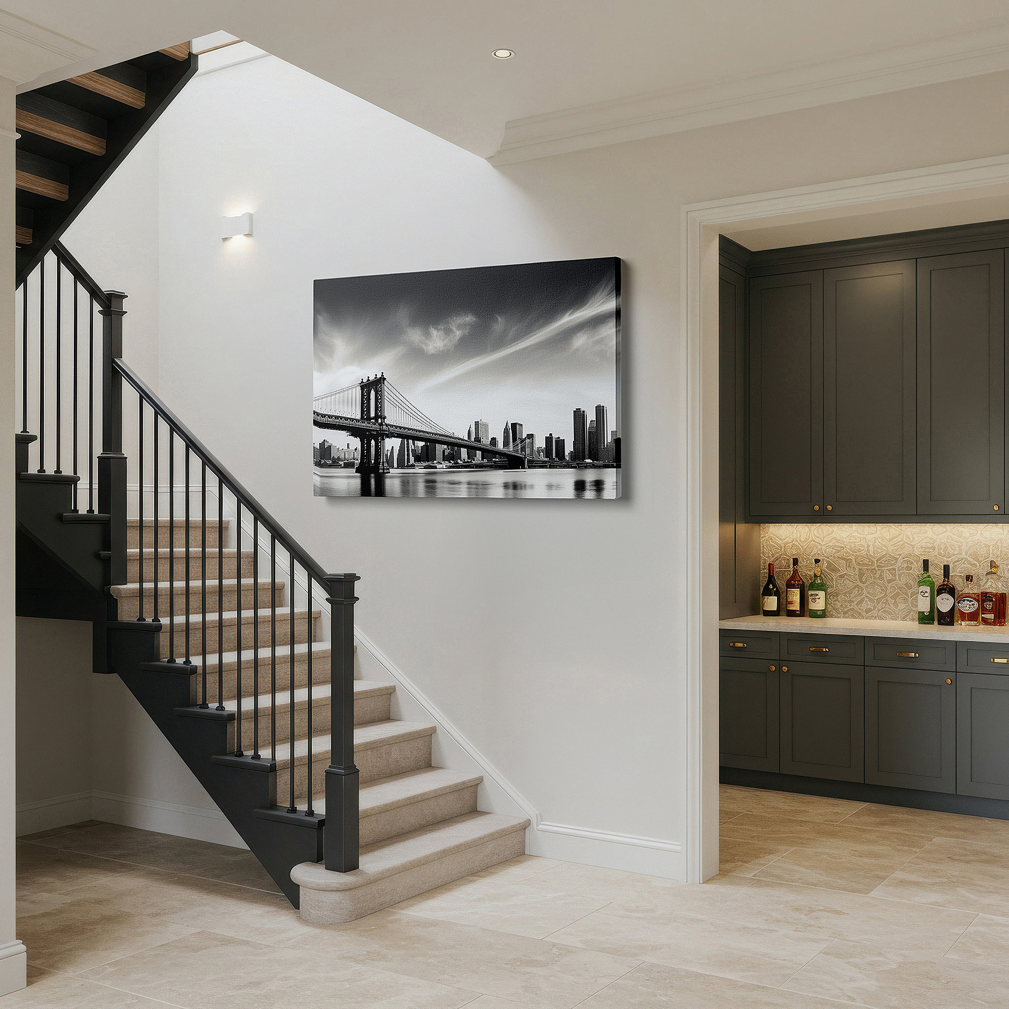 Displayed above a contemporary leather sofa in warm light — manhattan bridge and nyc skyline wall art - a monochrome tribute to urban elegance and architectural mastery, large canvas wall art