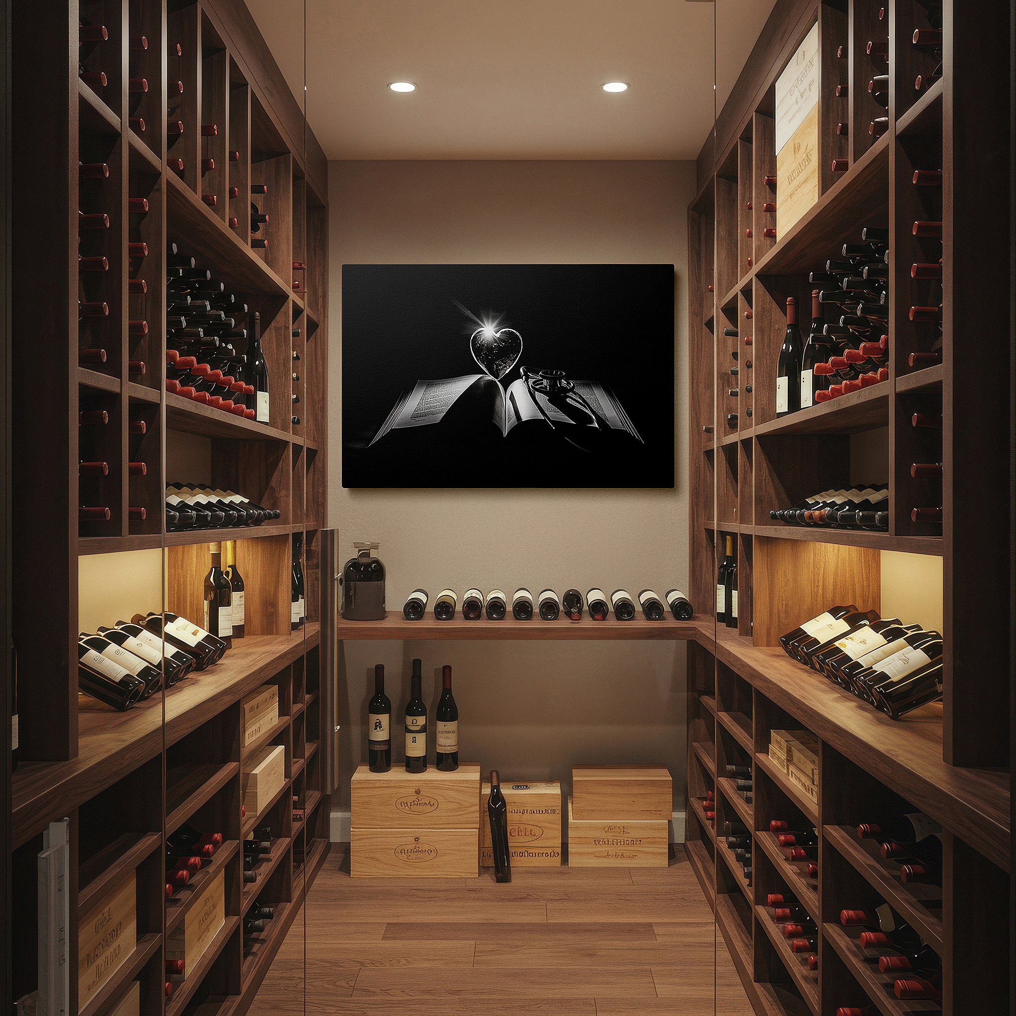 Displayed above a contemporary leather sofa in warm light — medical profession tribute: large wall art featuring stethoscope and heart-shaped crystal, ideal for office and bedroom decor