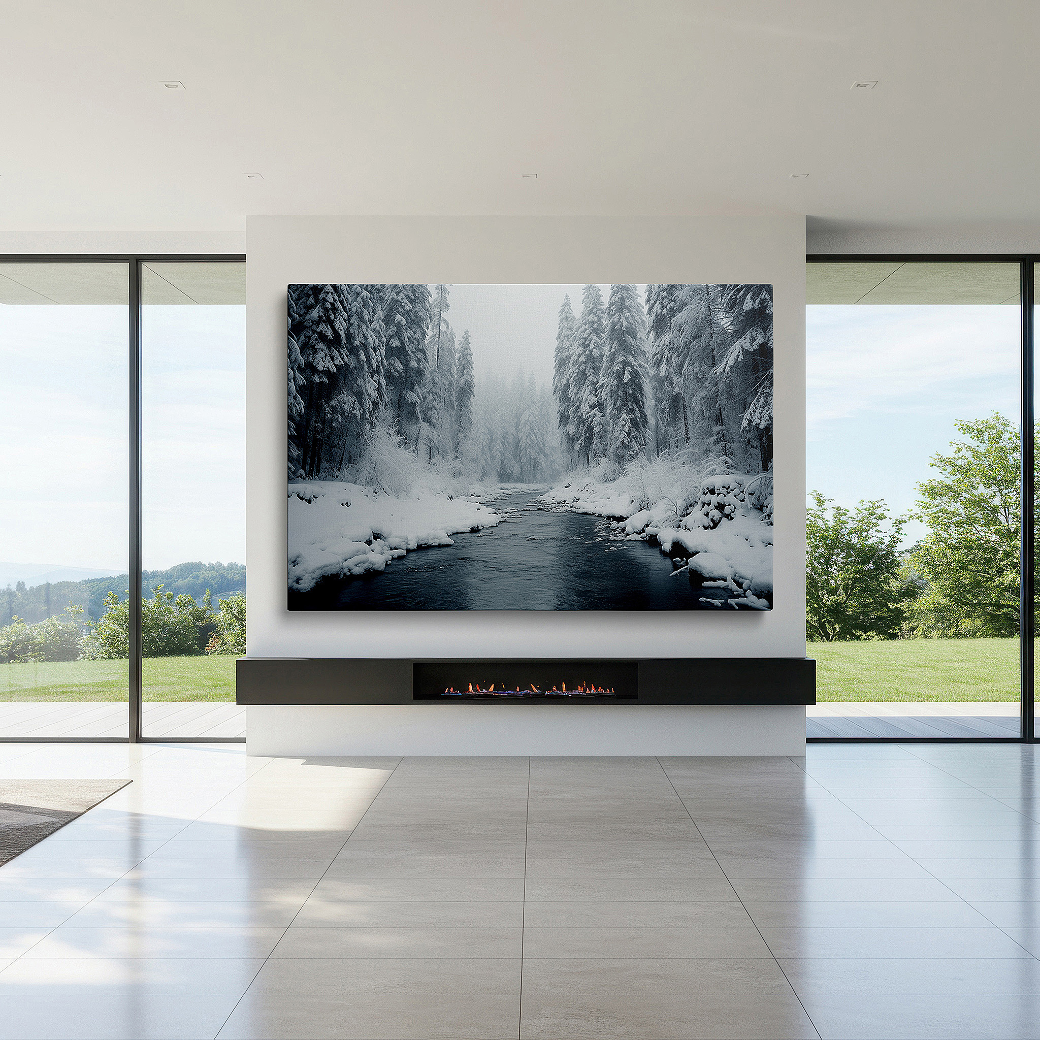 Displayed above a contemporary leather sofa in warm light — misty winter scene with foggy river and snow-covered pines large wall art, canvas wall art, wall decor for office and bedroom