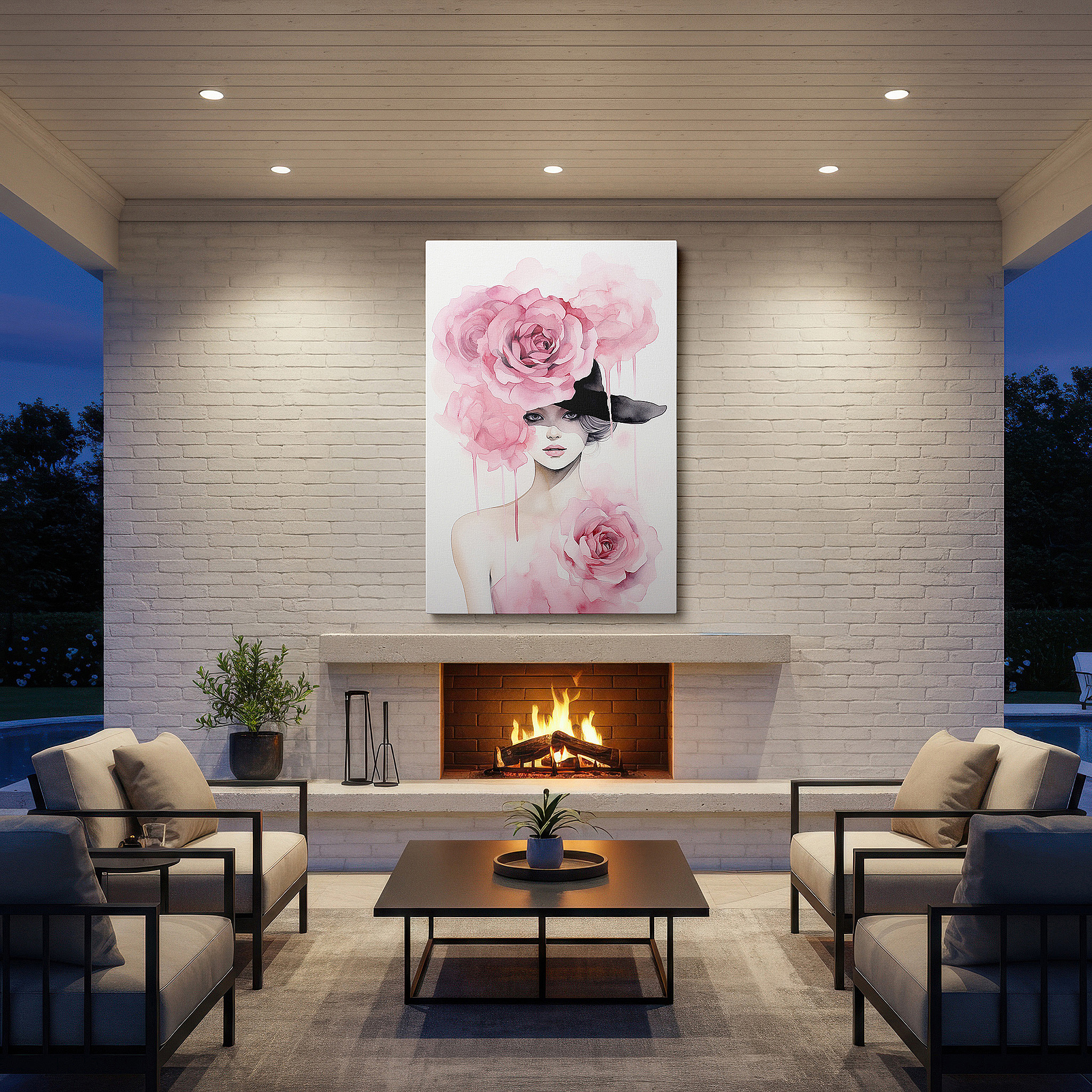 Displayed above a contemporary leather sofa in warm light — modern elegance in bold femininity: black hat and pink roses - nature-inspired large wall art, canvas wall art, wall decor for office