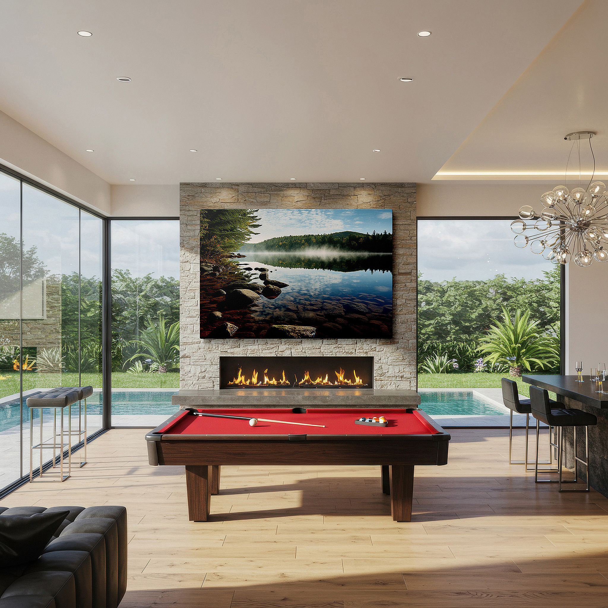 Displayed above a contemporary leather sofa in warm light — morning's soft clasp: serene lake surrounded by verdant woods in early light - oversized wall art, canvas art, home and office decor