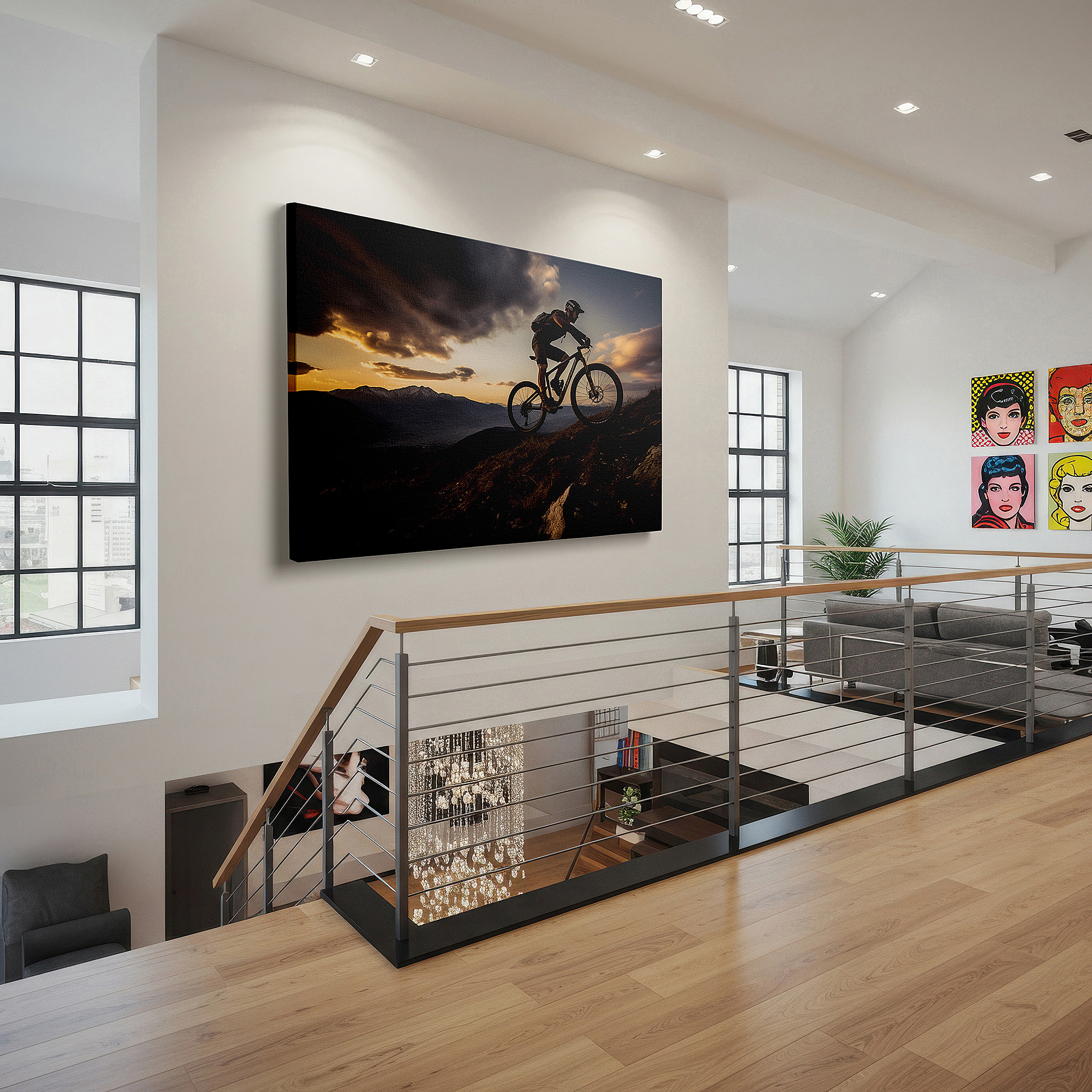 Displayed above a contemporary leather sofa in warm light — mountain biker against sunset glow: celebrating outdoor thrills and challenges - large canvas wall art for home and office decor