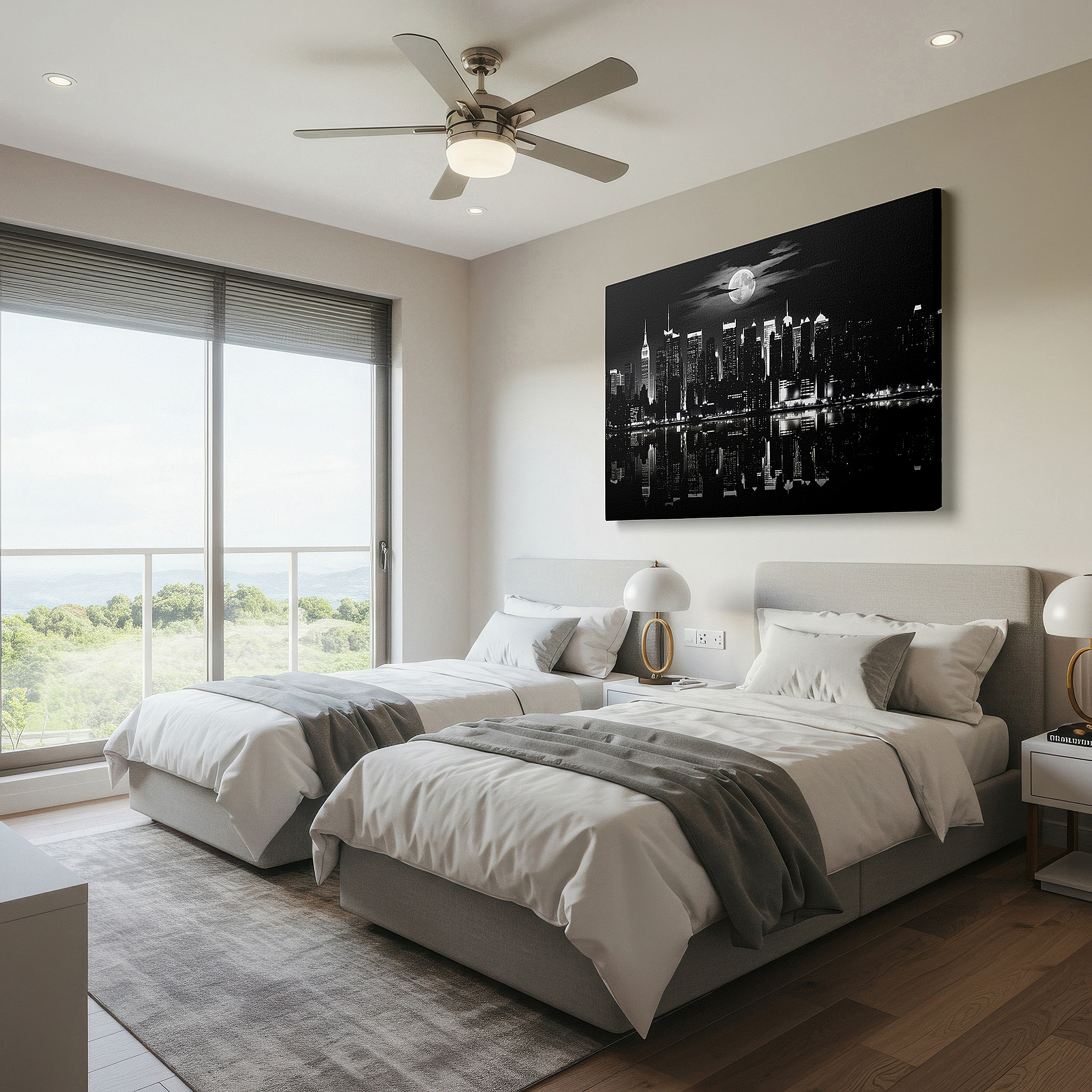 Displayed above a contemporary leather sofa in warm light — new york city skyline with a radiant moon in black and white - large canvas wall art for office and bedroom decor