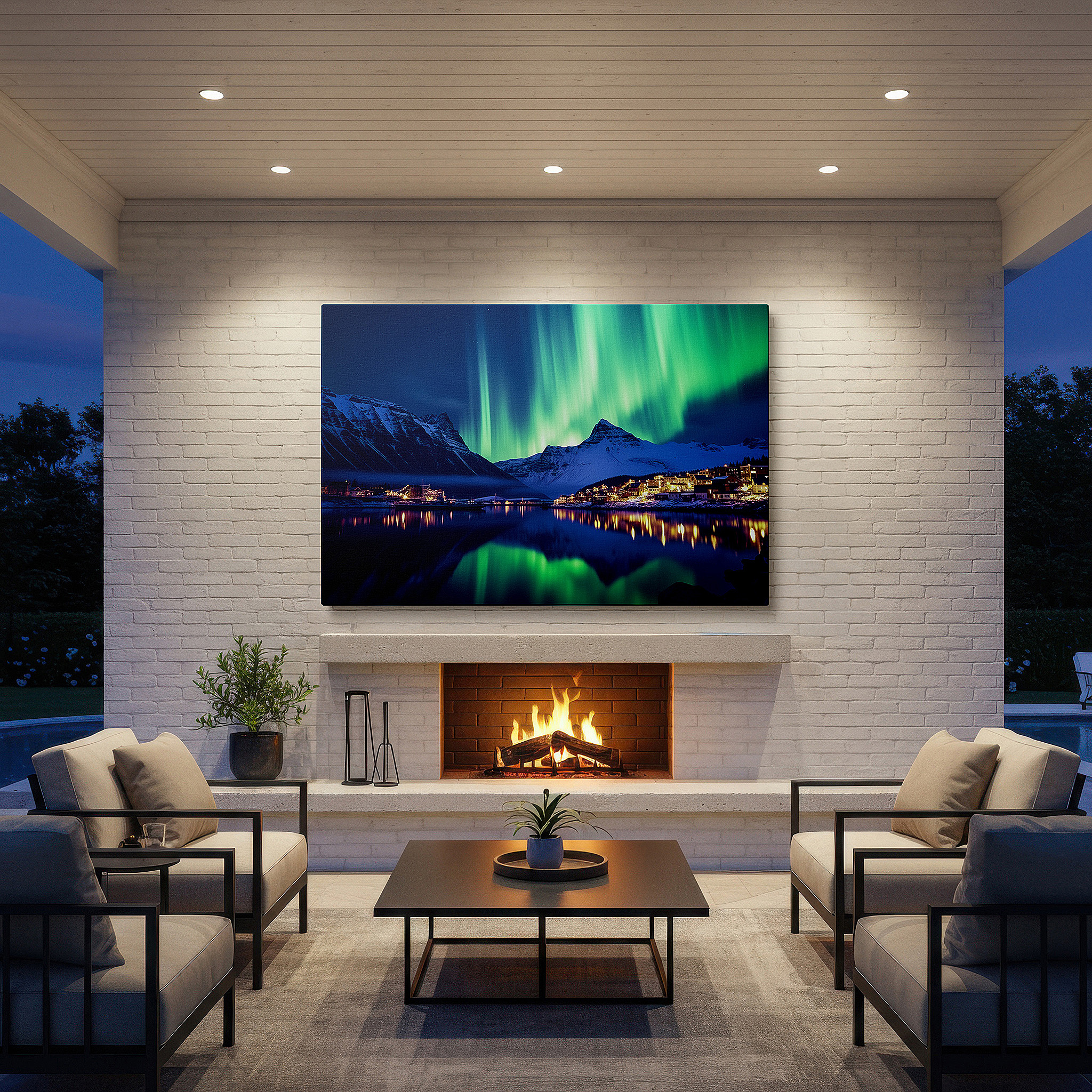 Displayed above a contemporary leather sofa in warm light — northern lights above peaceful coastal town, captivating night sky large wall art, canvas wall art, wall decor for office and bedroom