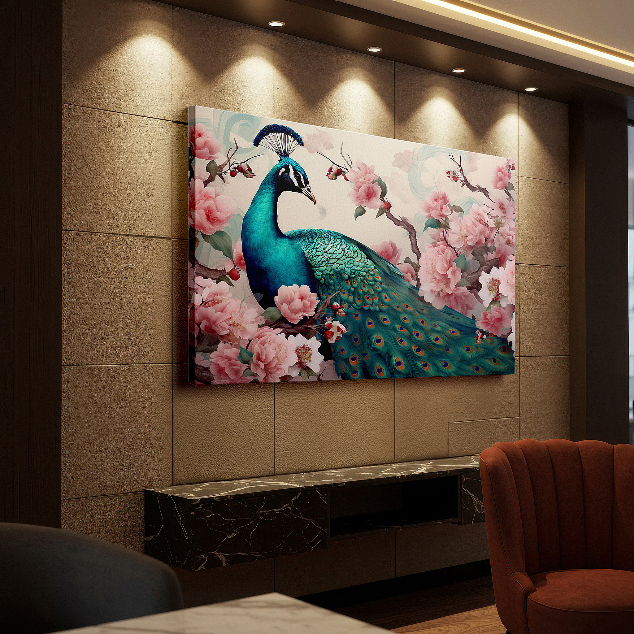 Displayed above a contemporary leather sofa in warm light — peacock majesty in a lush garden: vibrant blues and greens large canvas wall art, office decor