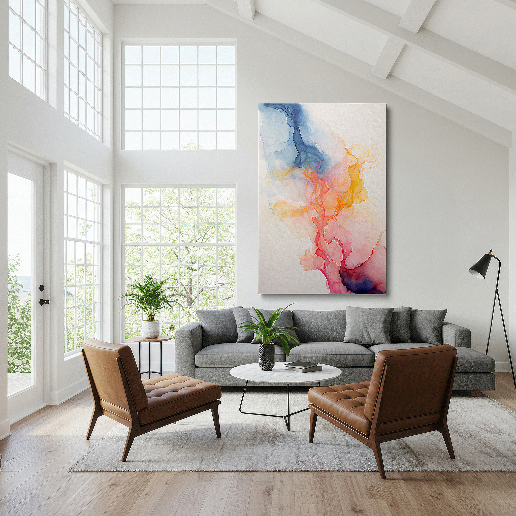 Displayed above a contemporary leather sofa in warm light — pink and blue dance: tranquil and serene fluid art large wall art, canvas wall decor for offices and bedrooms
