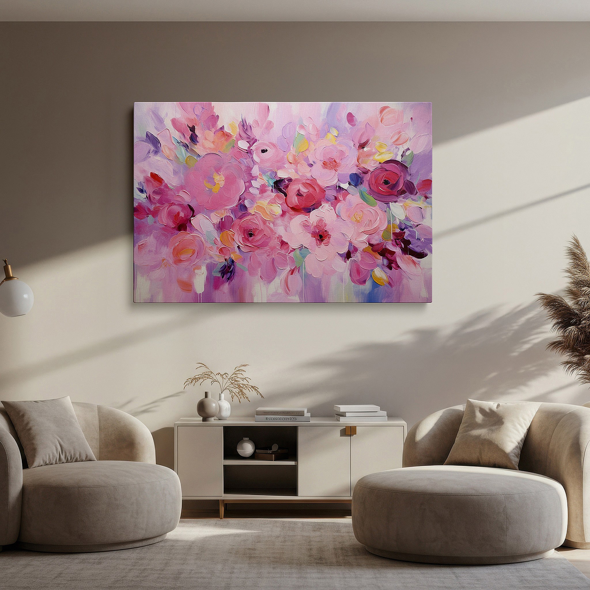 Displayed above a contemporary leather sofa in warm light — pink and red flowers wall art: celebrating nature's delicate beauty - large canvas for office and bedroom decor