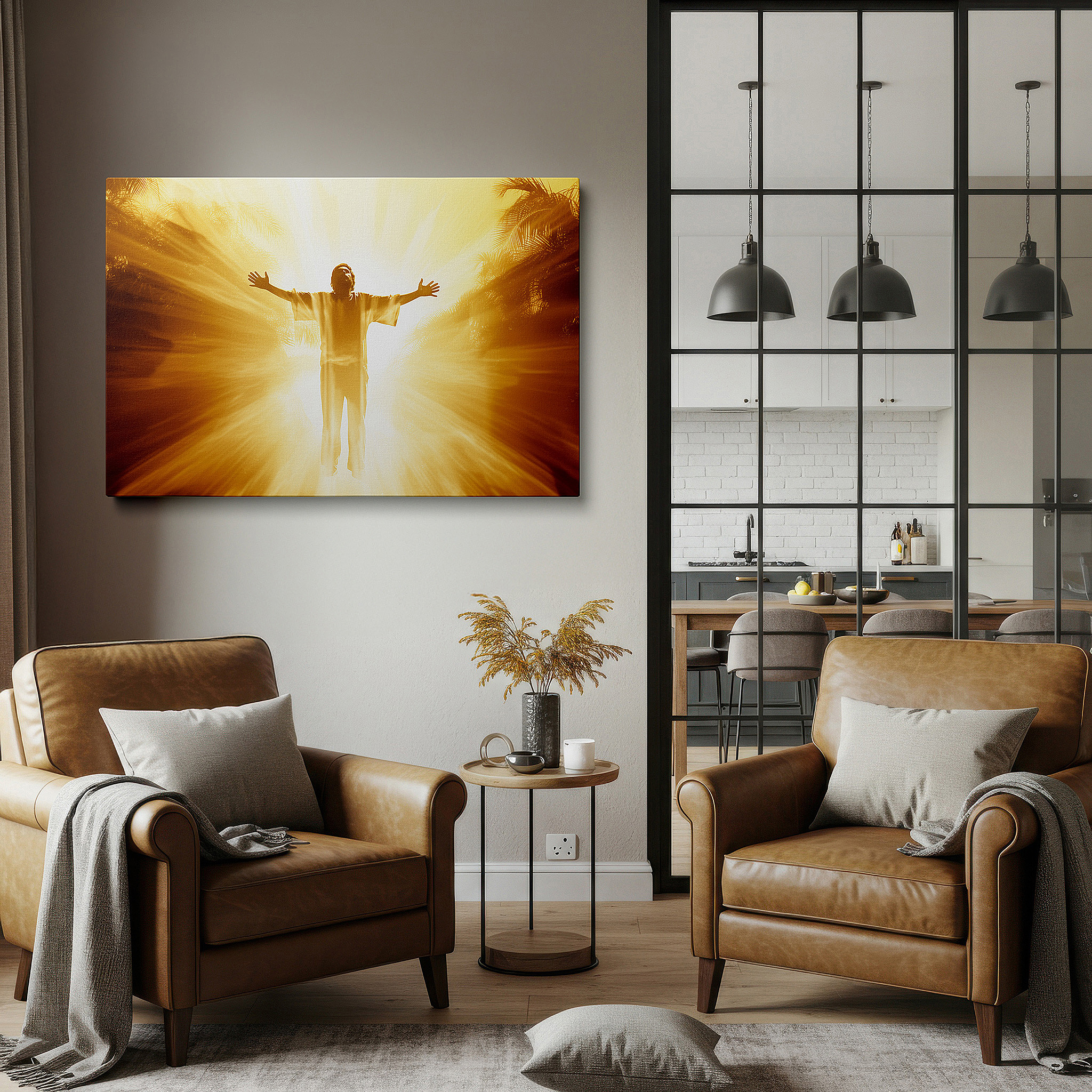 Displayed above a contemporary leather sofa in warm light — radiant figure in spiritual embrace: large canvas wall art featuring halo of light and shadows, ideal for office, living room, or bedroom decor