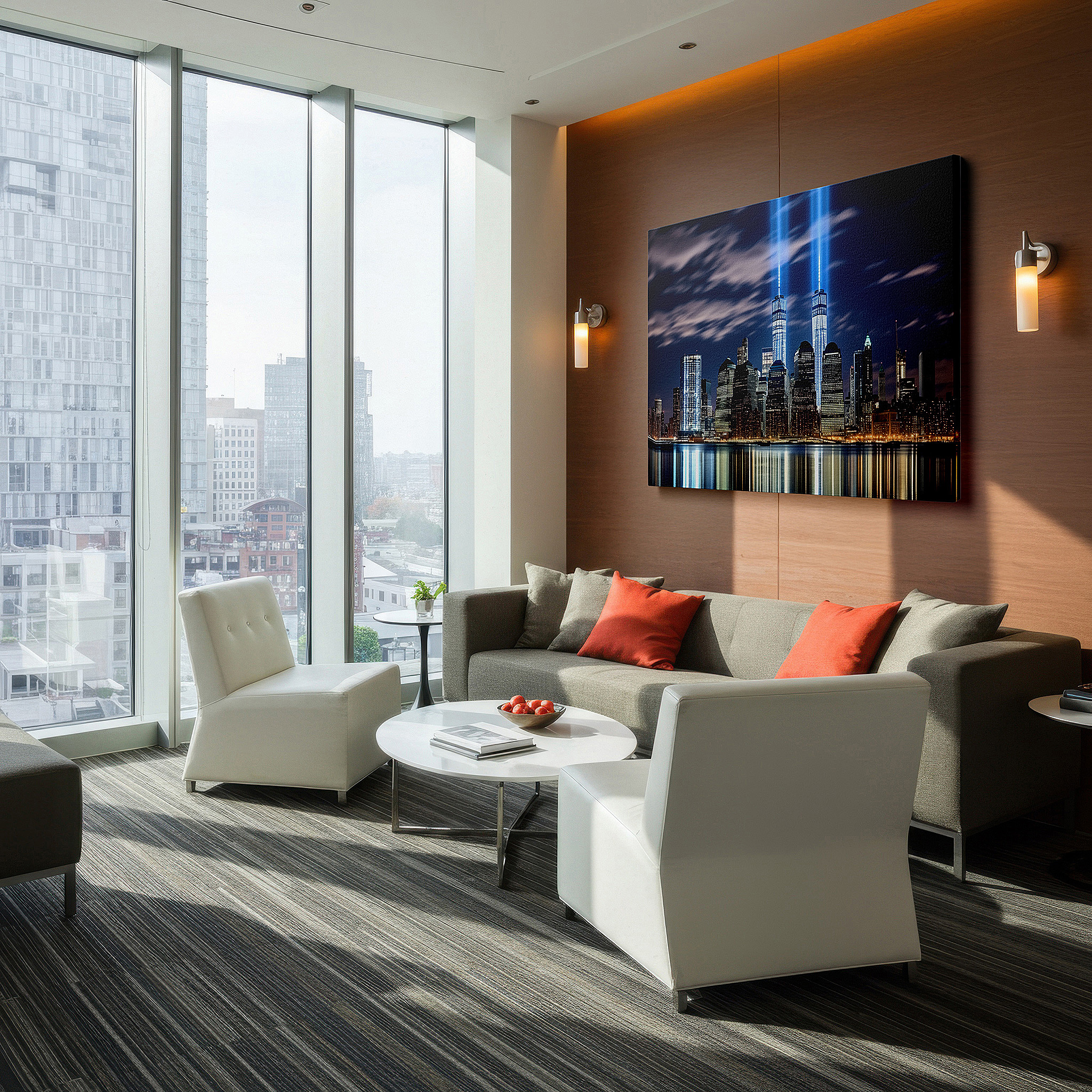 Displayed above a contemporary leather sofa in warm light — resilient twin towers and hopeful skyline large nighttime wall art, canvas decor for office and bedroom