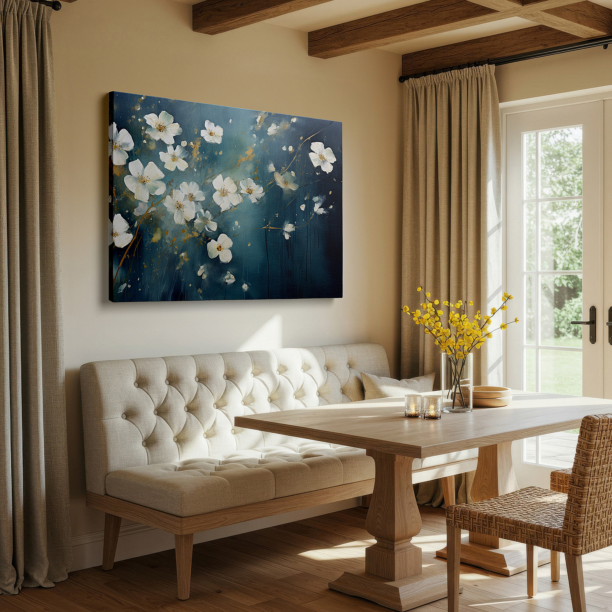 Displayed above a contemporary leather sofa in warm light — resilient white flowers against dark backgrounds: striking contrast in modern decor, large canvas wall art for offices and homes