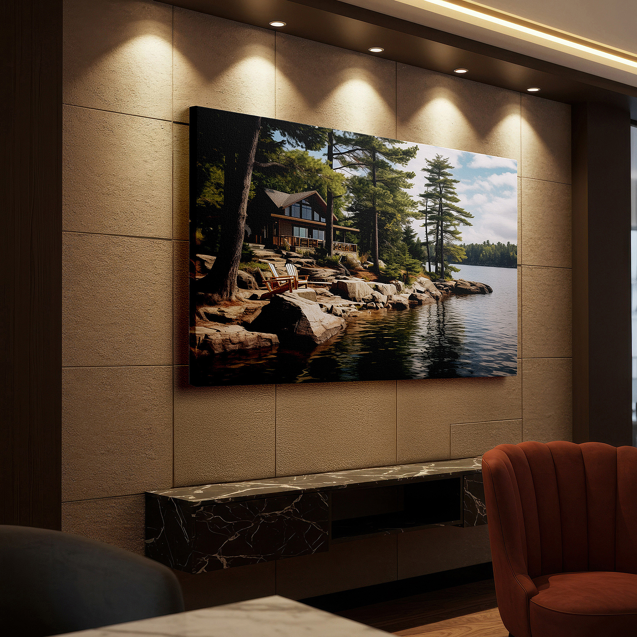 Displayed above a contemporary leather sofa in warm light — rustic cabin retreat by a serene lake surrounded by lush trees - large canvas wall art for home and office decor