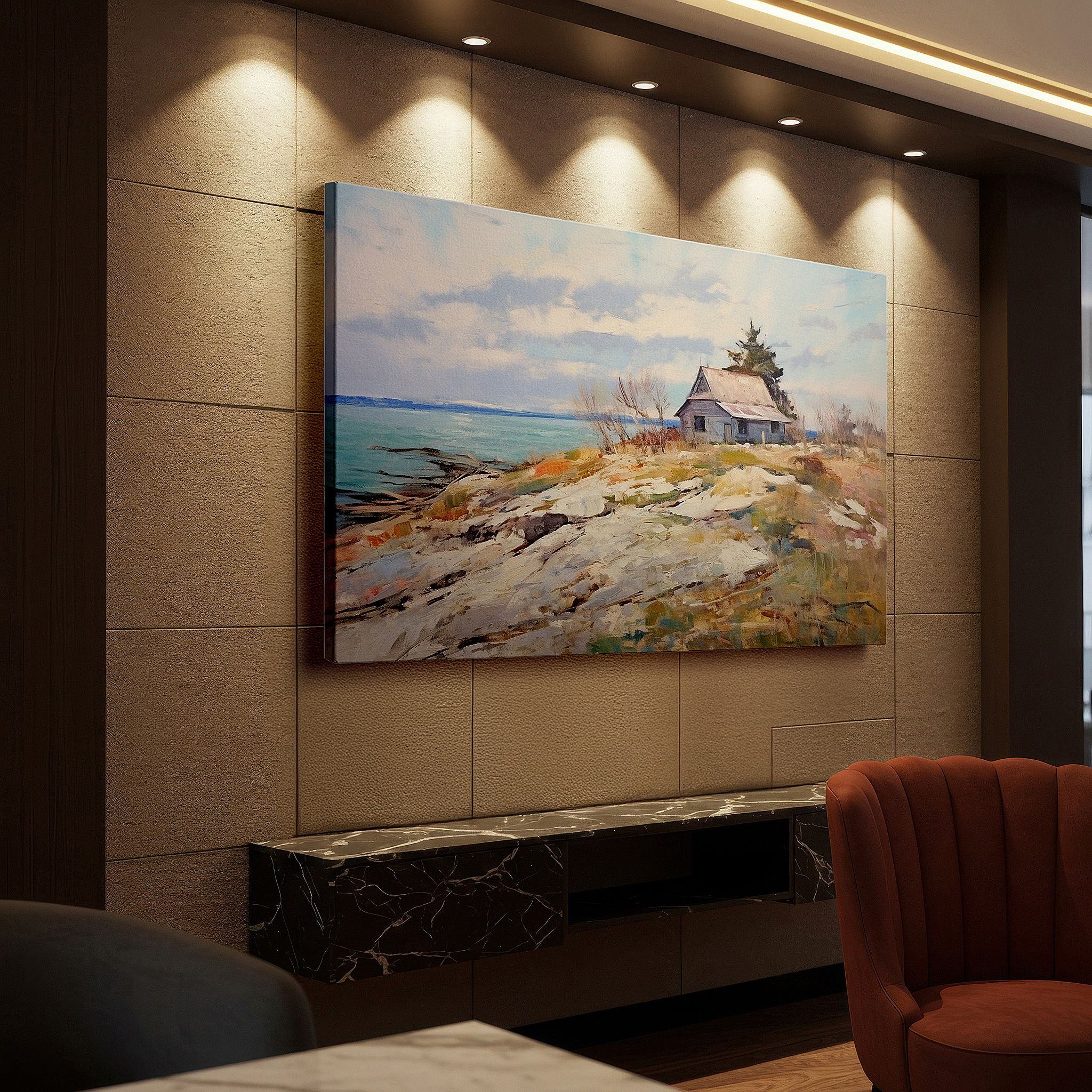 Displayed above a contemporary leather sofa in warm light — rustic coastal cabin retreat large wall art - tranquil waters canvas, home and office decor