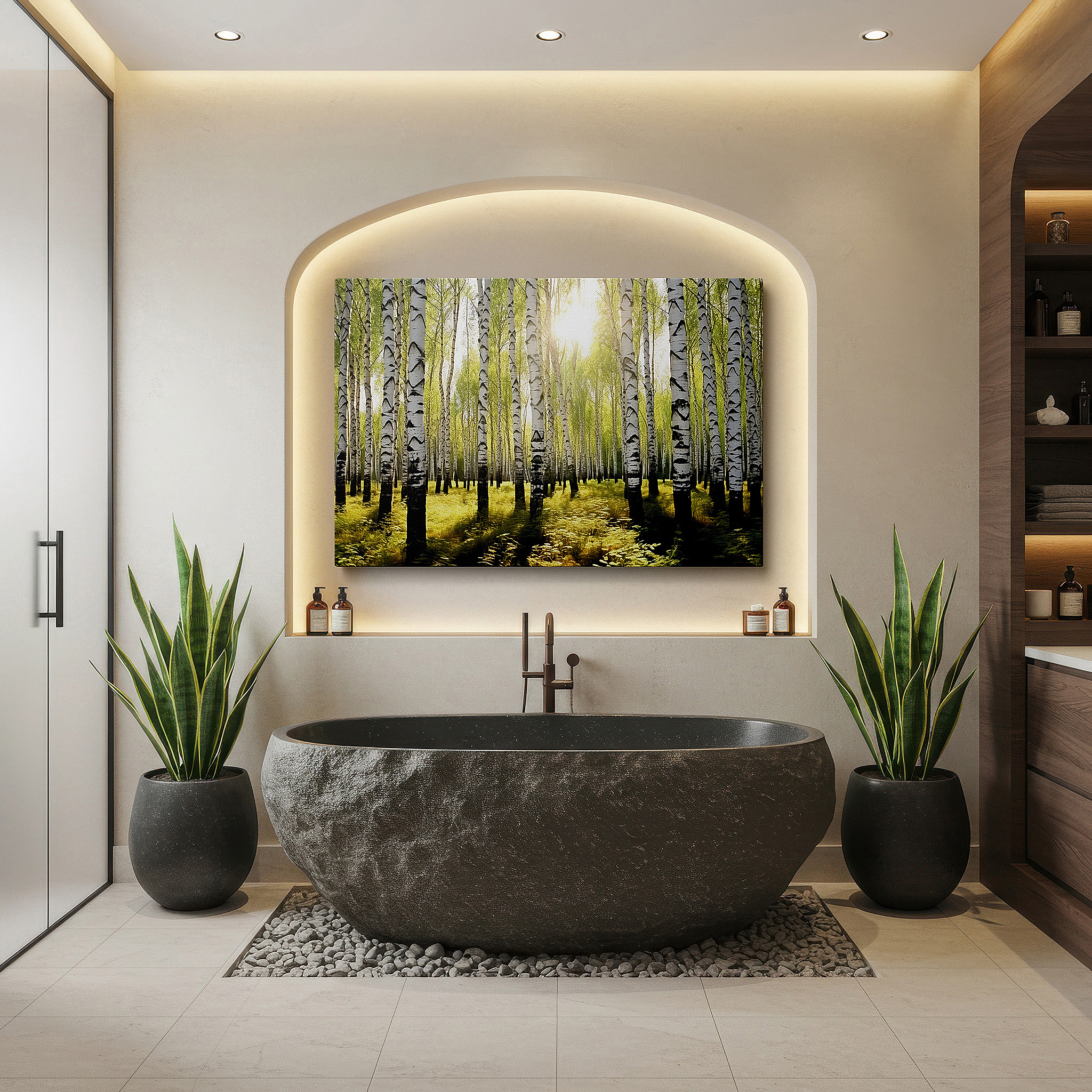 Displayed above a contemporary leather sofa in warm light — serene birch forest in sunlight: a play of light and shadows, large canvas wall art for home and office decor