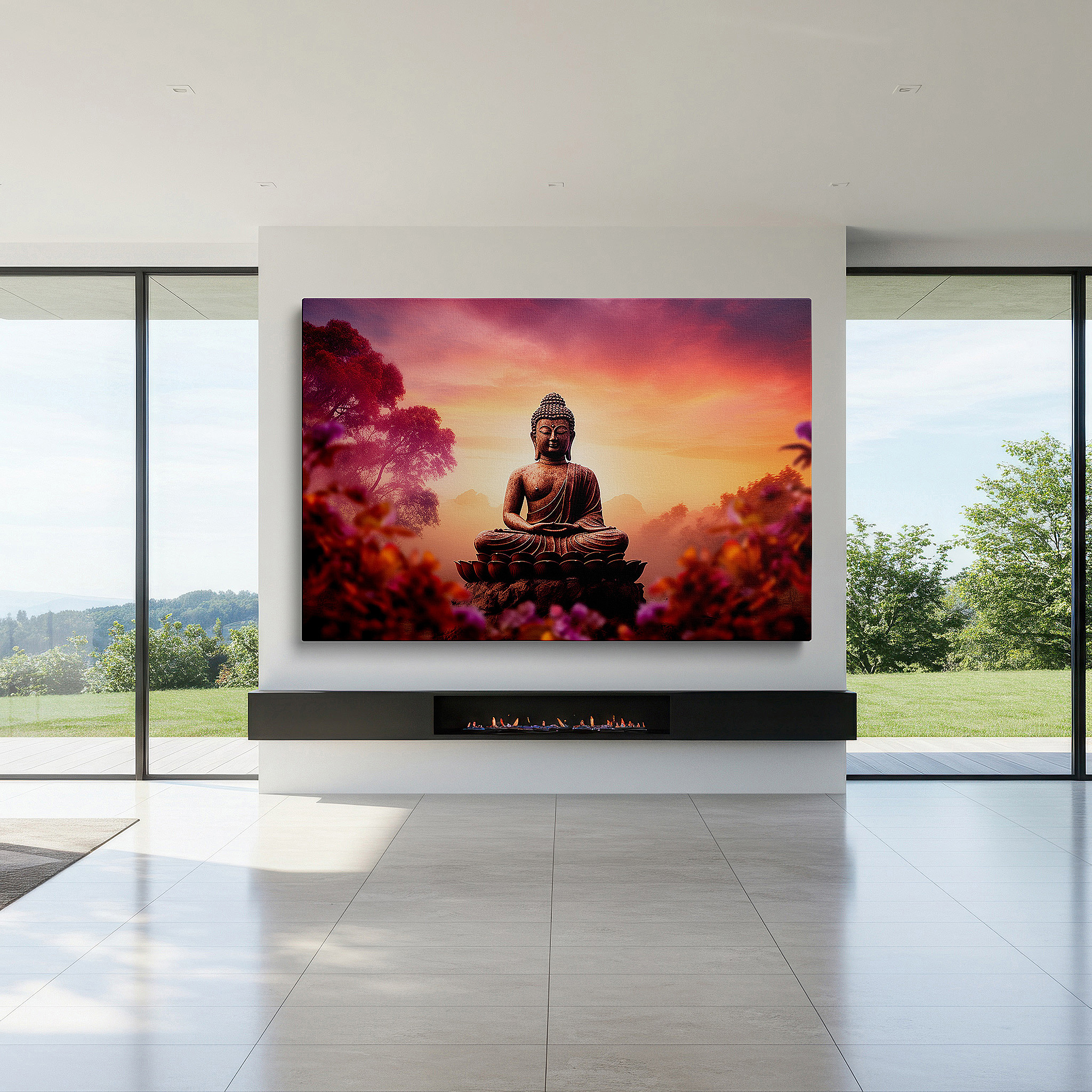Displayed above a contemporary leather sofa in warm light — serene buddha amidst sunlit blossoms: a tranquil fusion of light and spirit - large canvas wall art for office and bedroom decor