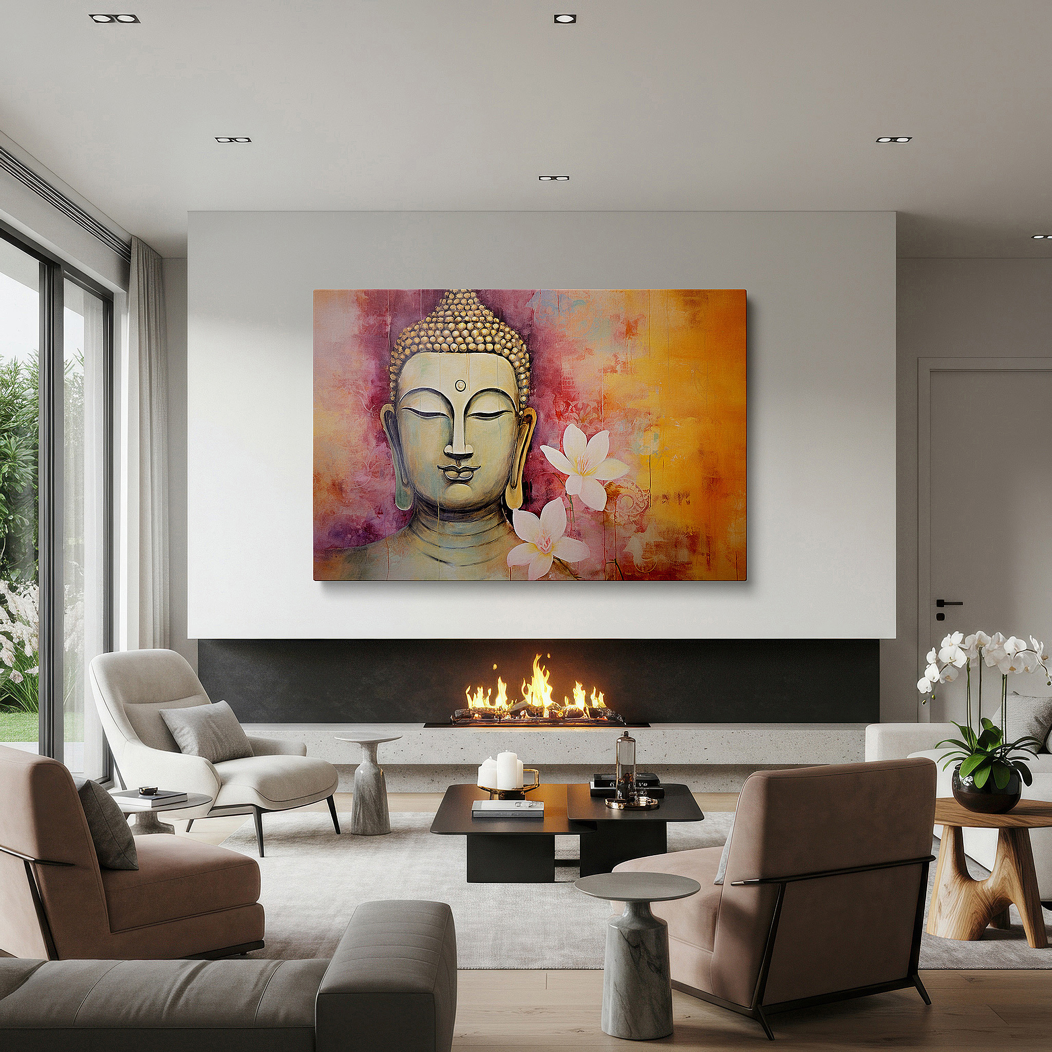 Displayed above a contemporary leather sofa in warm light — serene buddha wall art for living room: a symbolic masterpiece of tranquility - large canvas wall decor ideal for office spaces