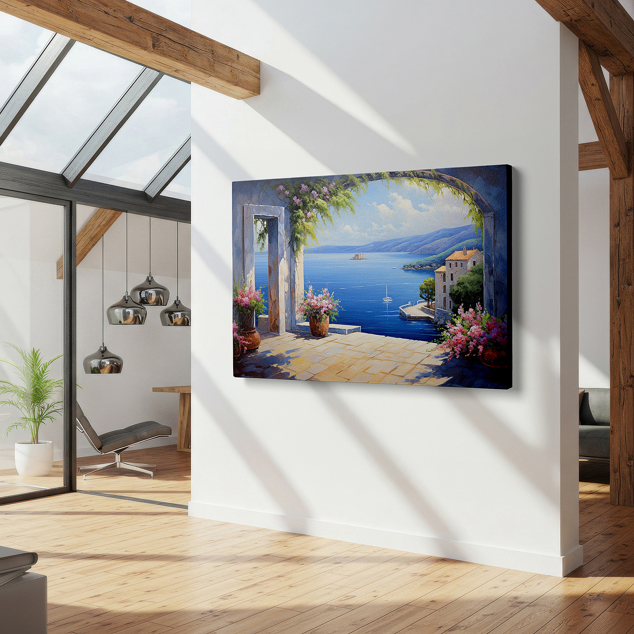 Displayed above a contemporary leather sofa in warm light — a serene coastal retreat canvas framed by a graceful arch large wall art, canvas wall decor for offices, bedrooms, and living rooms
