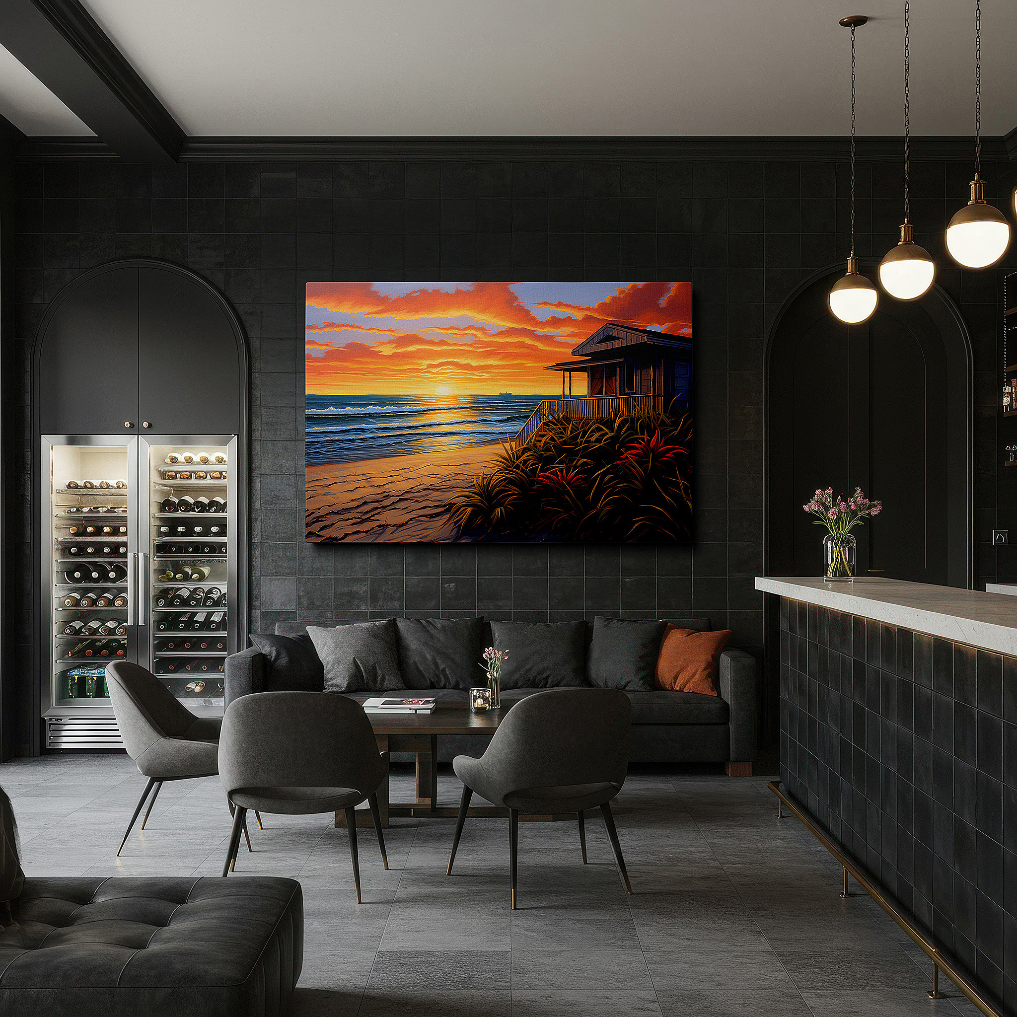 Displayed above a contemporary leather sofa in warm light — serene coastal sunset and weathered beach house large canvas wall art for office, bedroom, and living room decor