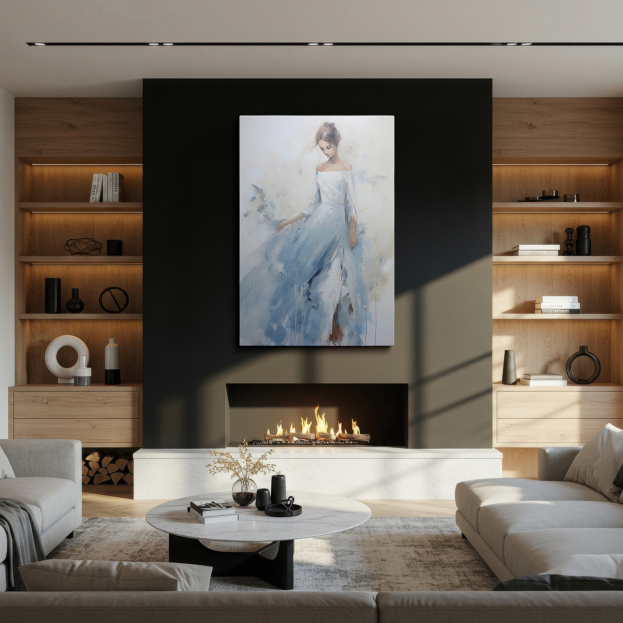Displayed above a contemporary leather sofa in warm light — serene ethereal woman in flowing gown large canvas wall art for office and bedroom decor