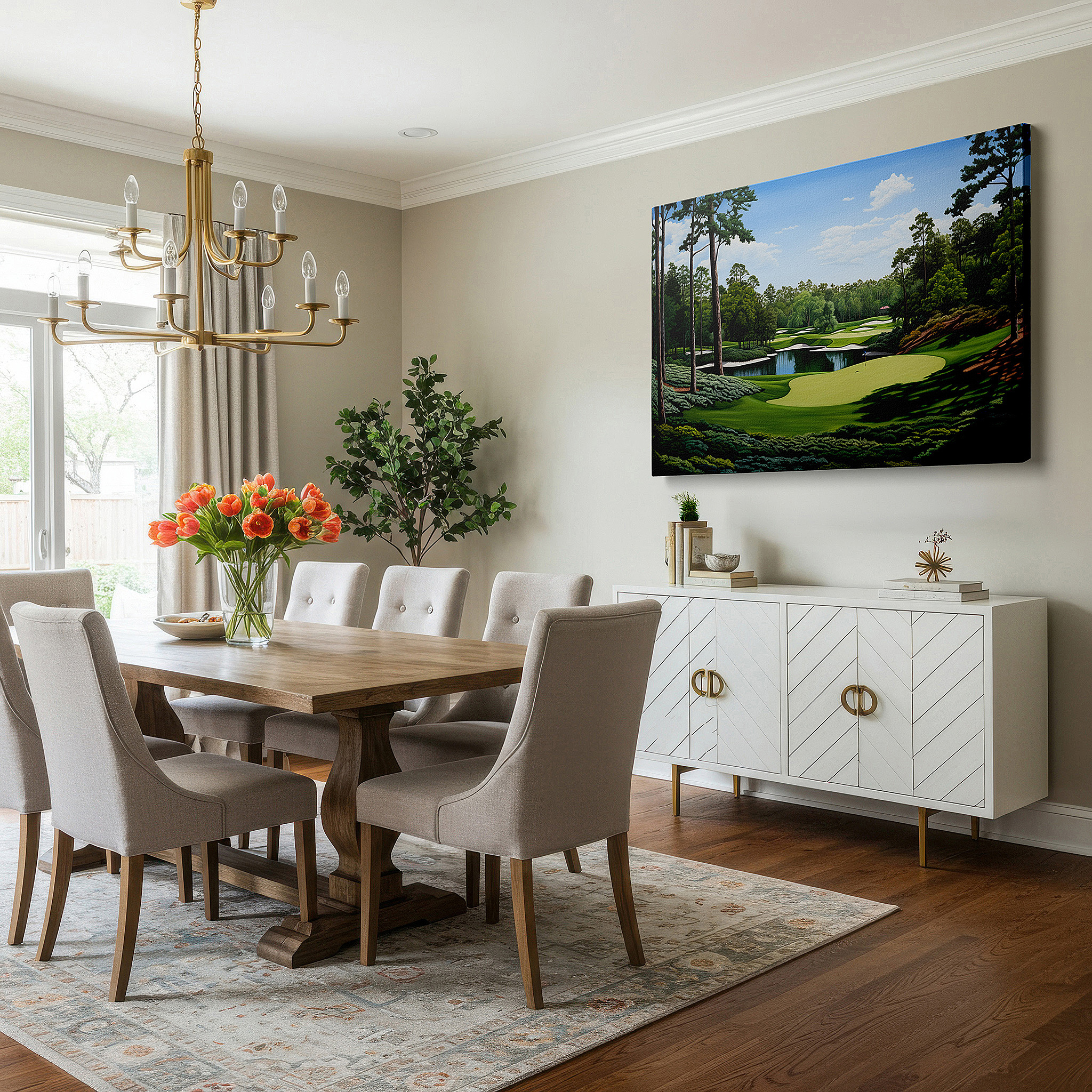 Displayed above a contemporary leather sofa in warm light — serene golf course landscape: a harmonious blend of nature and sport - large canvas wall art for office and bedroom decor