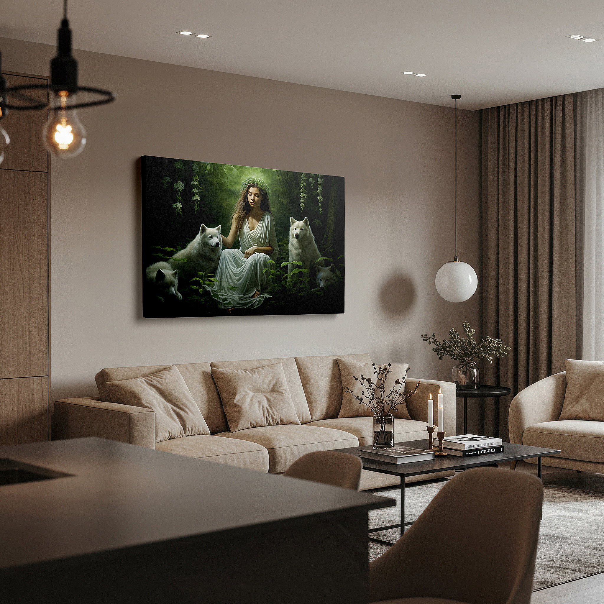 Displayed above a contemporary leather sofa in warm light — serene harmony wall art: woman and white wolves in enchanted forest - large canvas art for office and bedroom decor