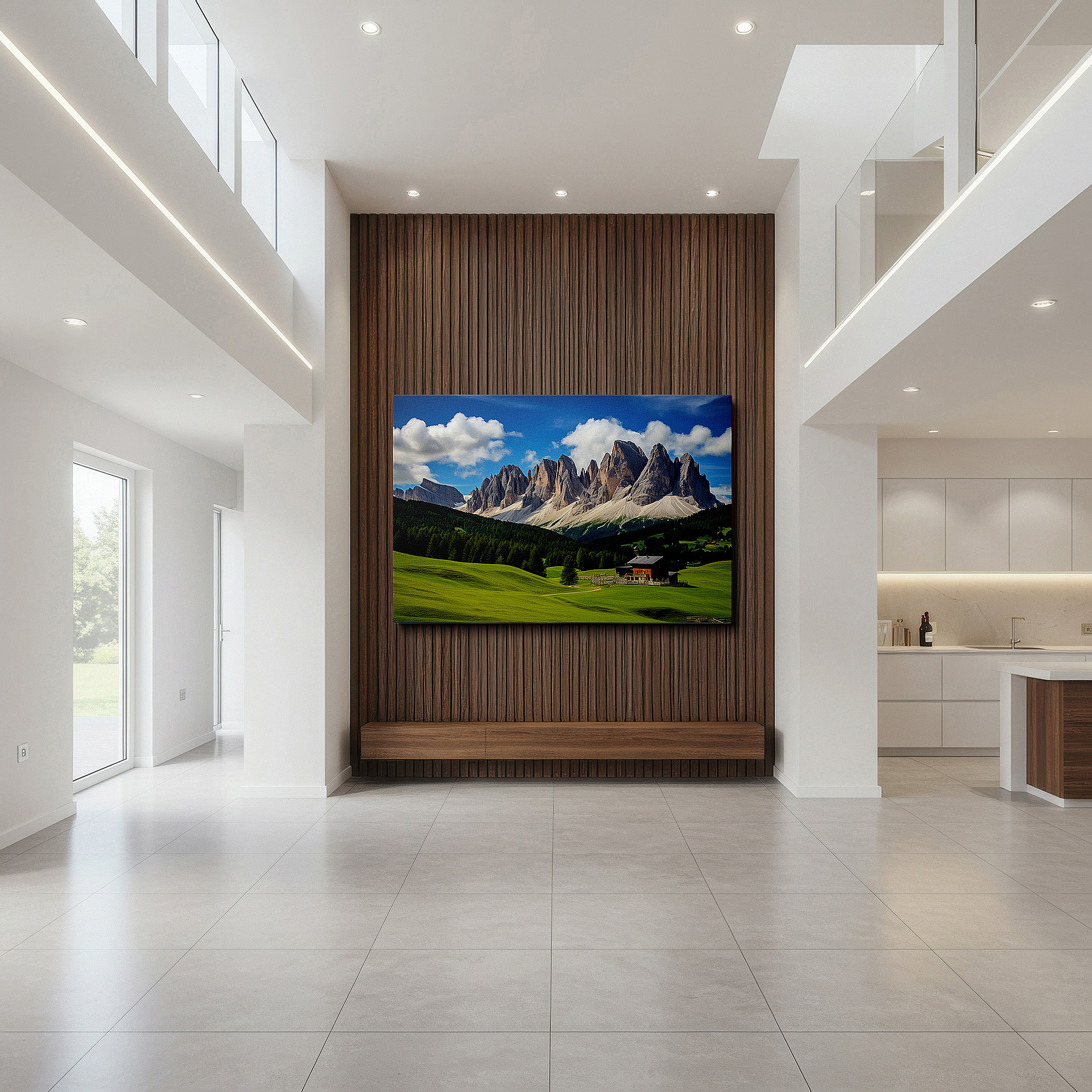 Displayed above a contemporary leather sofa in warm light — serene hideaway amidst lush valleys and towering mountains: oversized wall art for home and office decor, including living room and bedroom