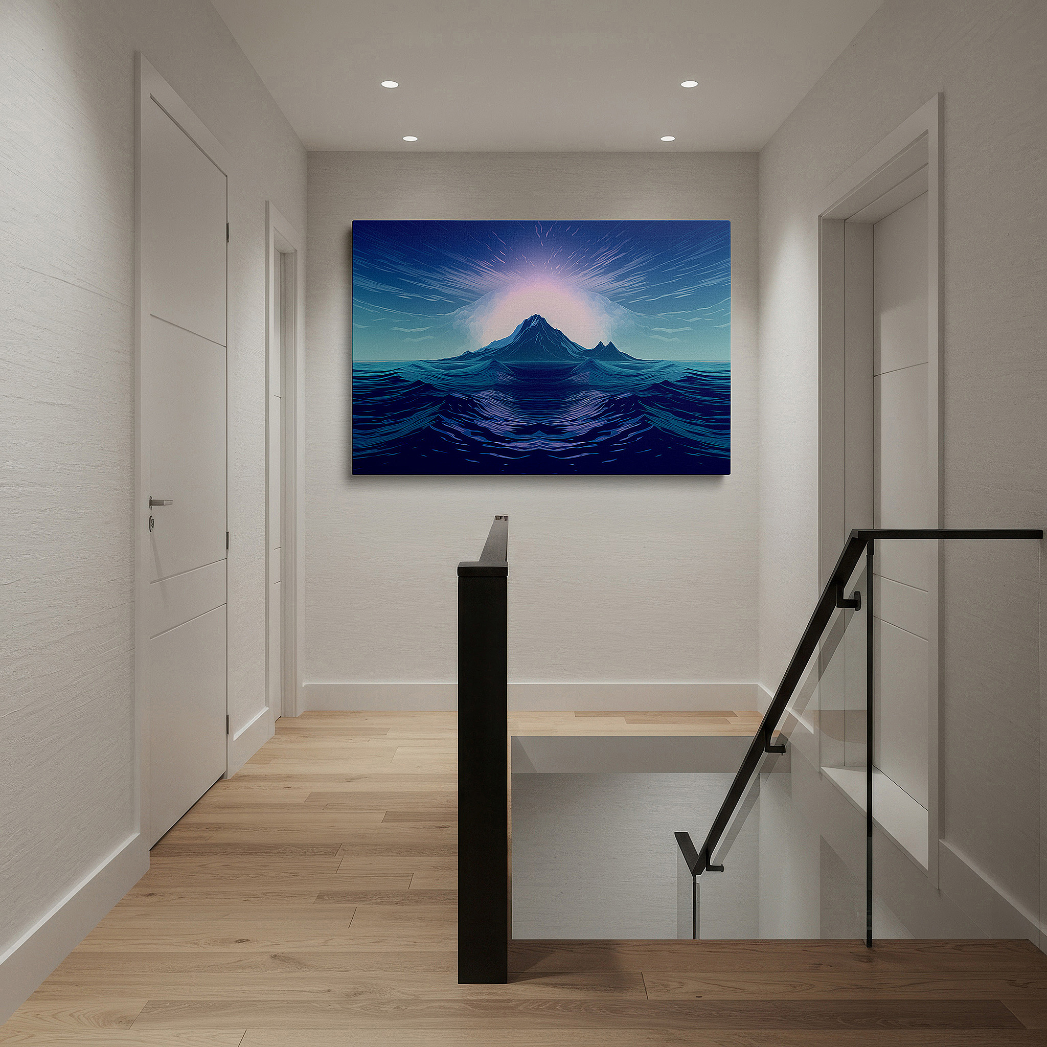 Displayed above a contemporary leather sofa in warm light — serene island dawn surrounded by peaceful waters, tranquil nature escape large wall art, canvas wall art, wall decor for office and bedroom