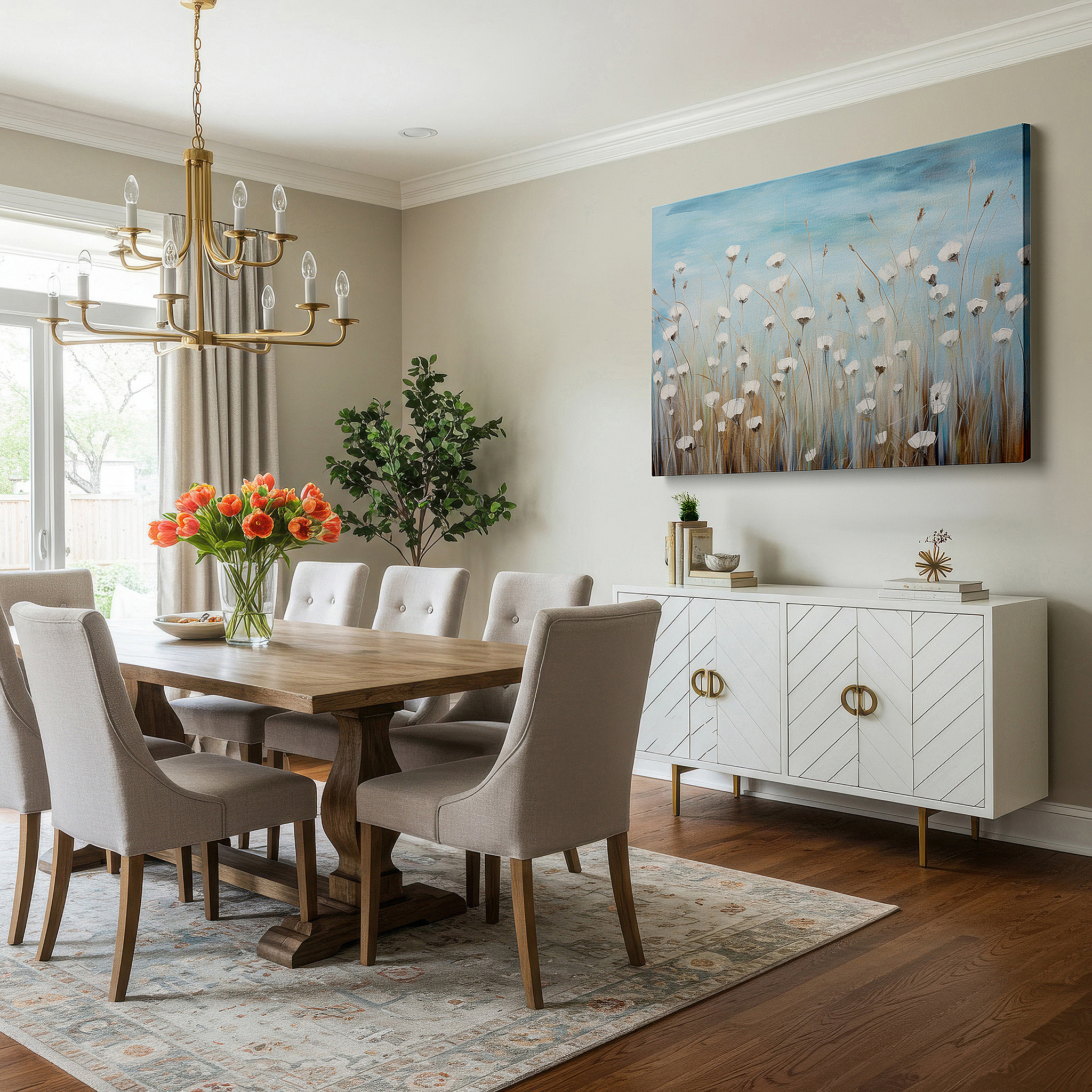 Displayed above a contemporary leather sofa in warm light — serene meadow of white wildflowers large canvas wall art with blue backdrop, perfect for office or bedroom decor