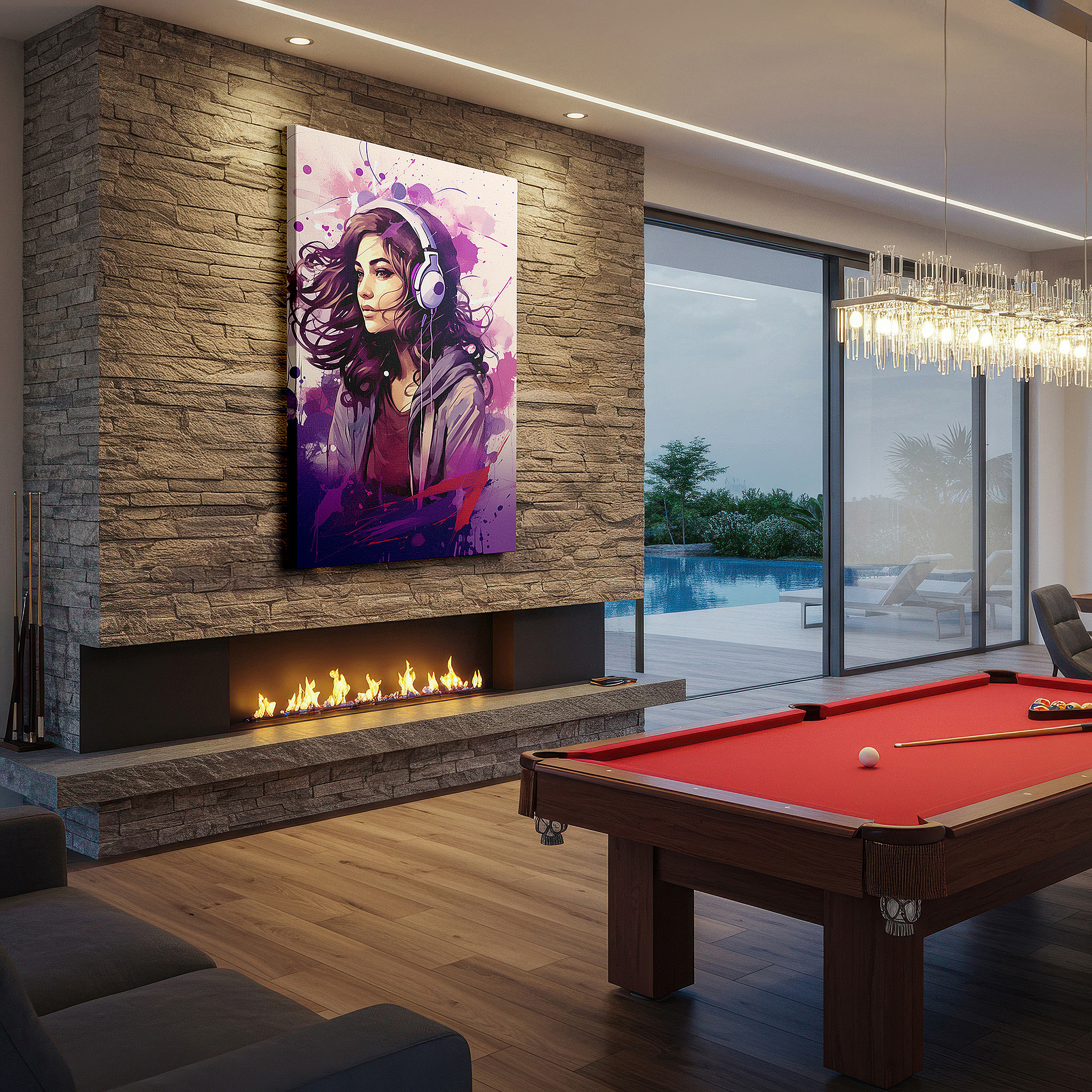 Displayed above a contemporary leather sofa in warm light — serene melodies: a young woman's peaceful musical journey - large canvas wall art for bedrooms and offices